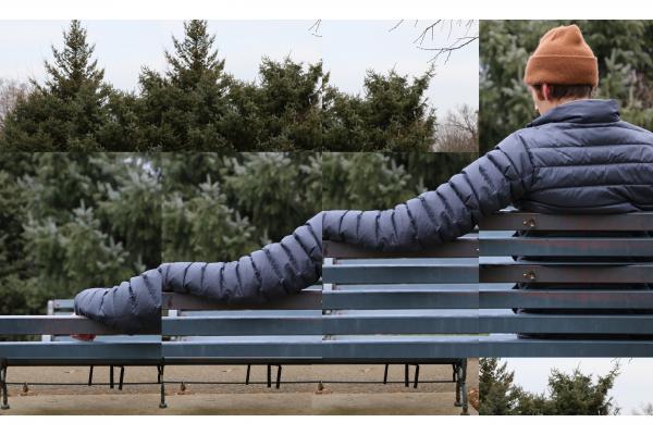 Promo image for Nobody There, features man sitting on a bench but one arm is photoshopped to be very long