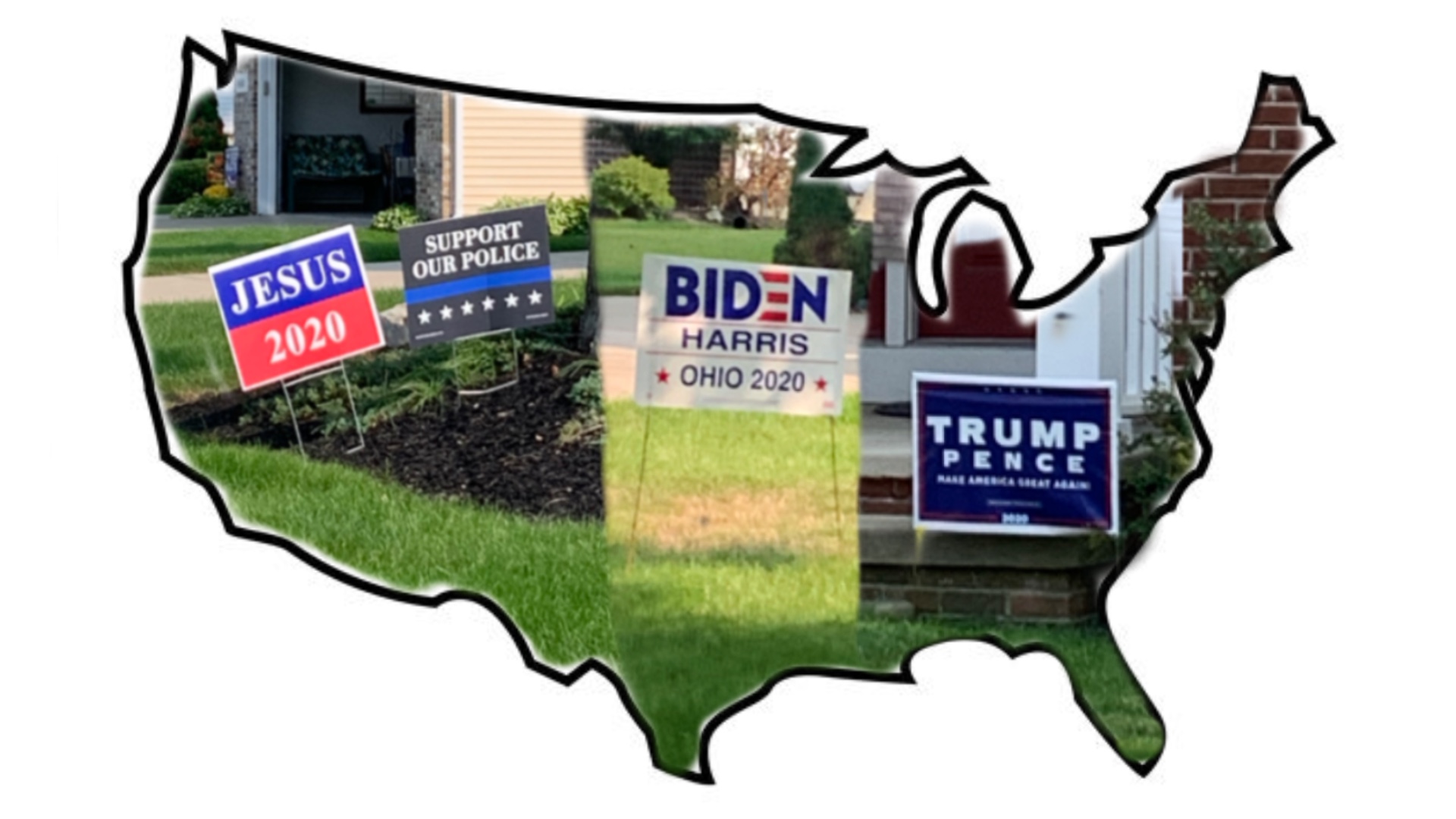 outline of united states with political signs in yards