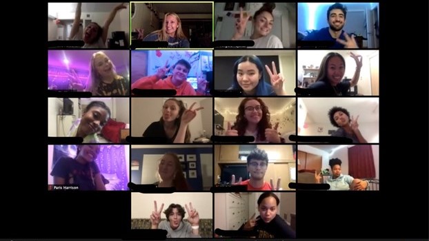 18 friends talking on Zoom video call 