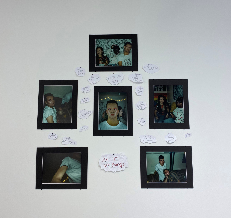 5 photographs pinned to a white wall