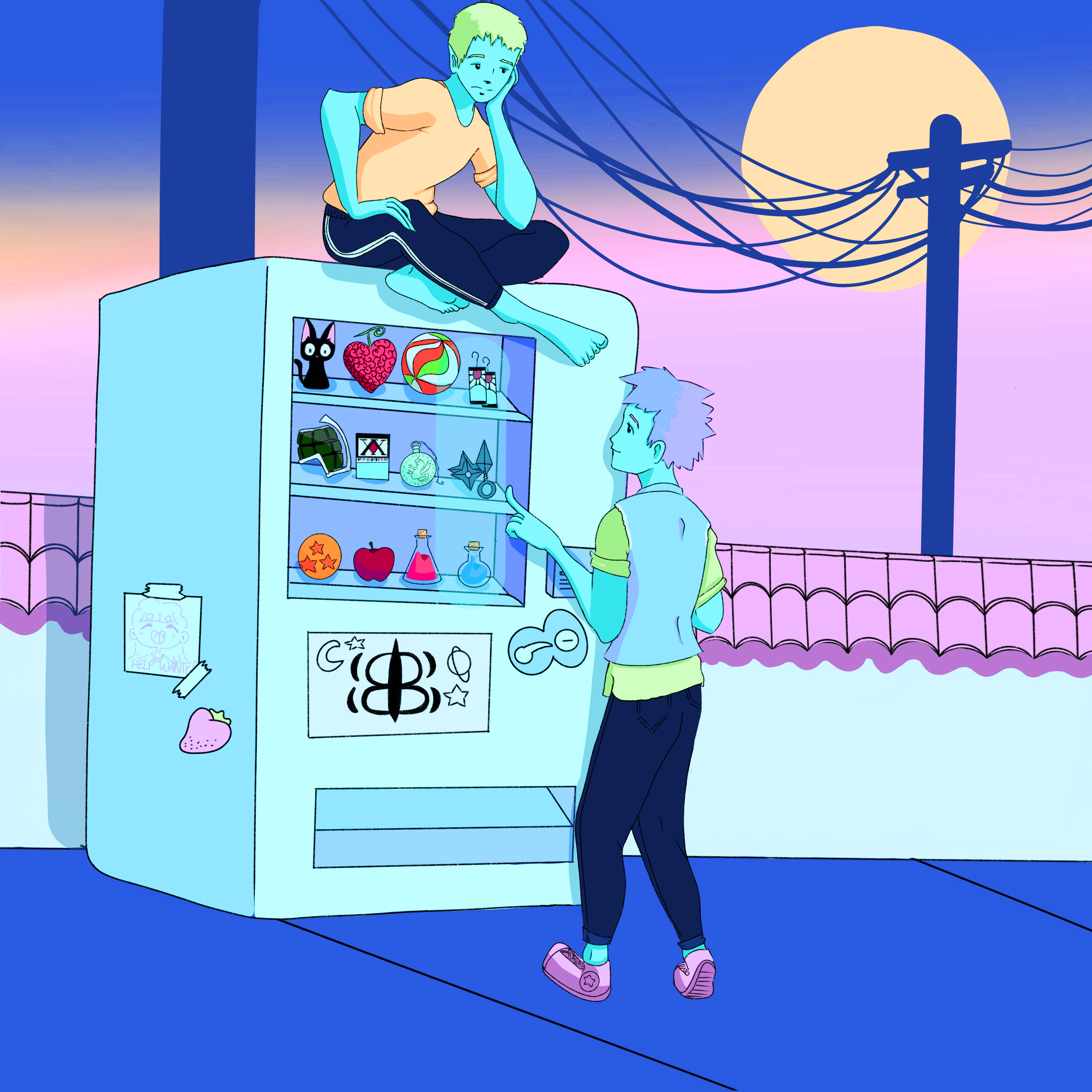 Digital drawing of one person sitting on top of a vending machine looking down at a second person standing in front facing the machine. The background shows telephone poles and a full moon. The image is mostly composed of soft blues, pinks, and yellows.