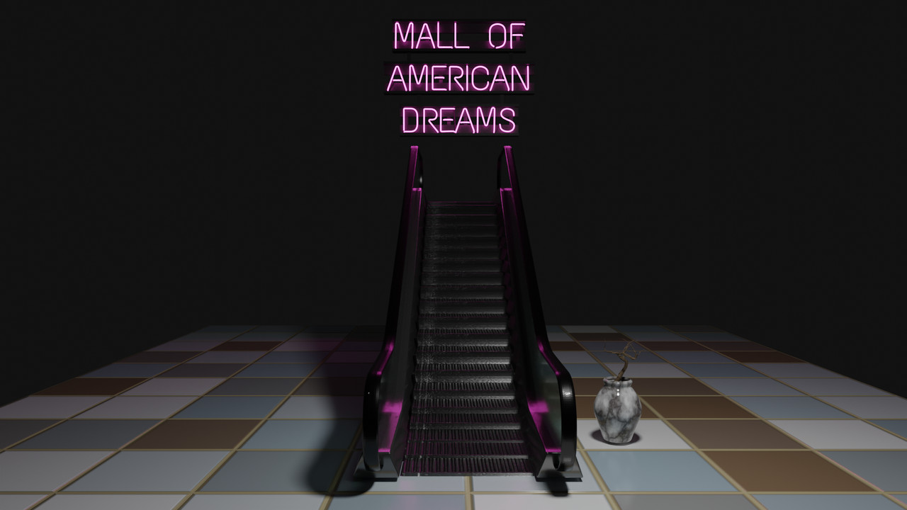 3d rendered space of an escalator leading up to a neon sign, placed on a tiled floor in an empty space