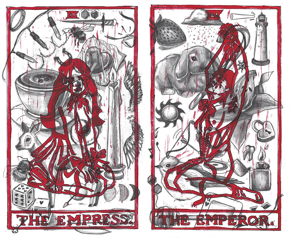 relief print depicting a diptych of the empress and the emperor tarot cards and drawings behind them using graphit