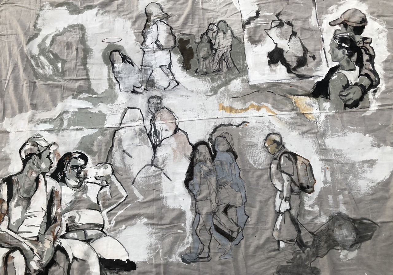 charcoal and marker mixed media drawing, depicting a collage of various figures