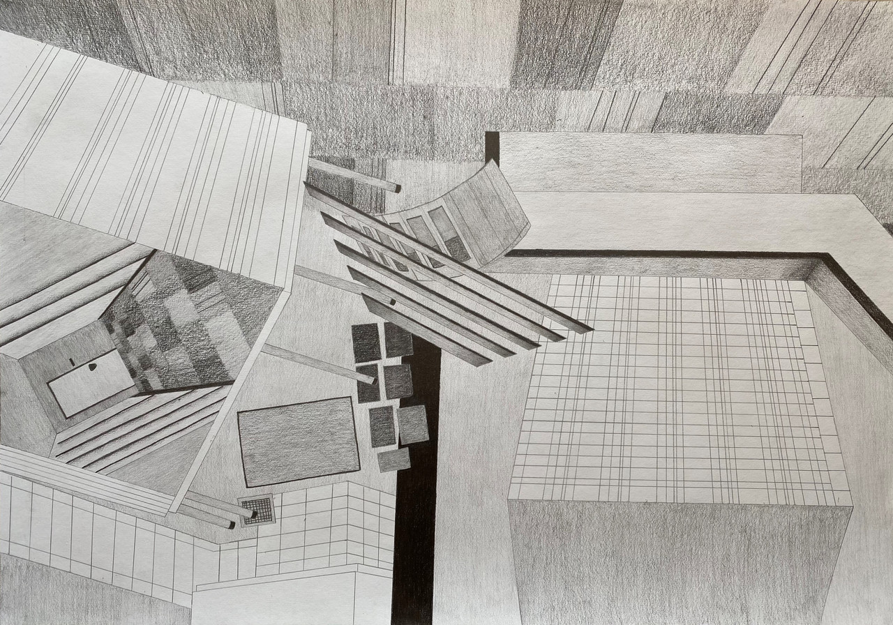 graphite drawing of a distorted physical space