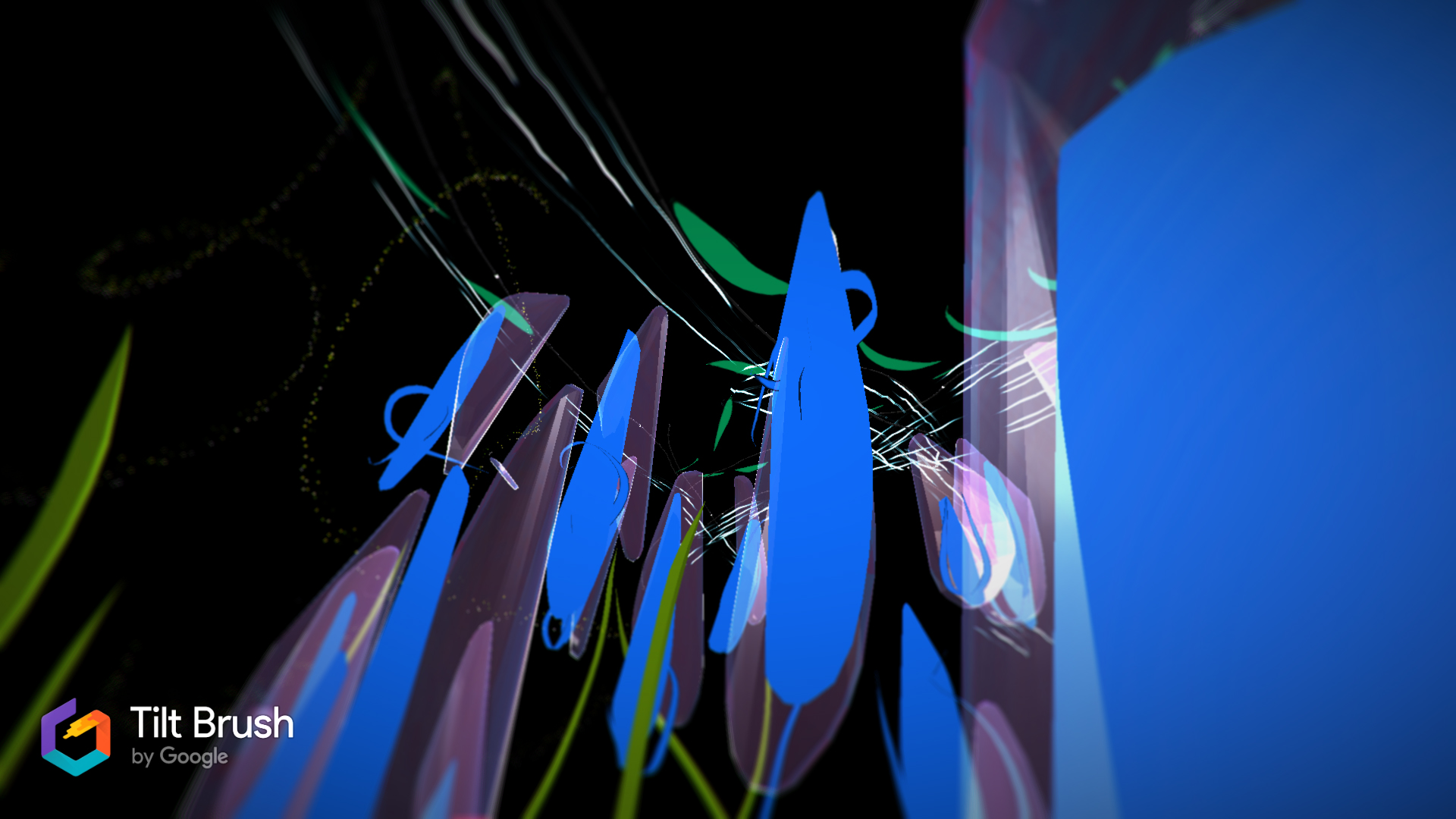 A dark field shows floating elliptical blue shapes. Streaks of green light stretch above the blue shapes. Tilt Brush by Google logo is in the bottom right hand corner.