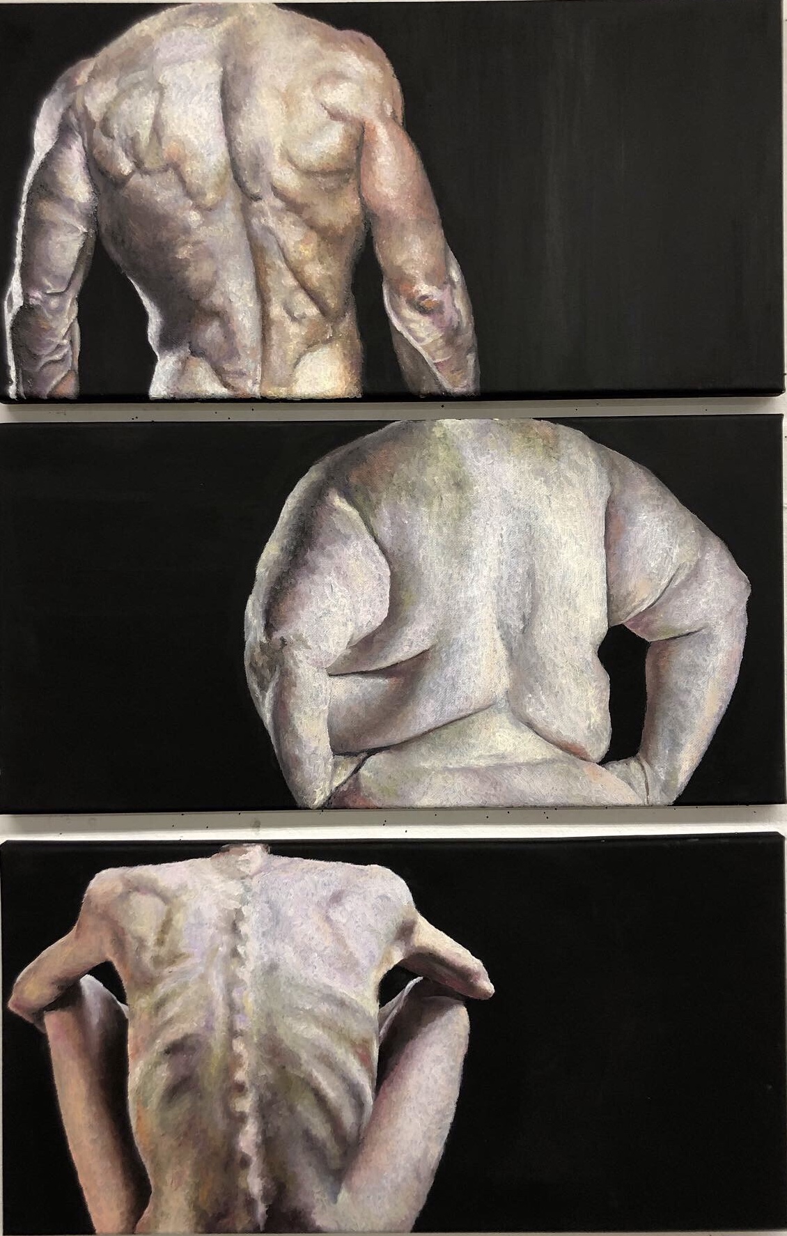 Three Oil on Canvas Boards showing a muscular, large and skinny white male from the back.