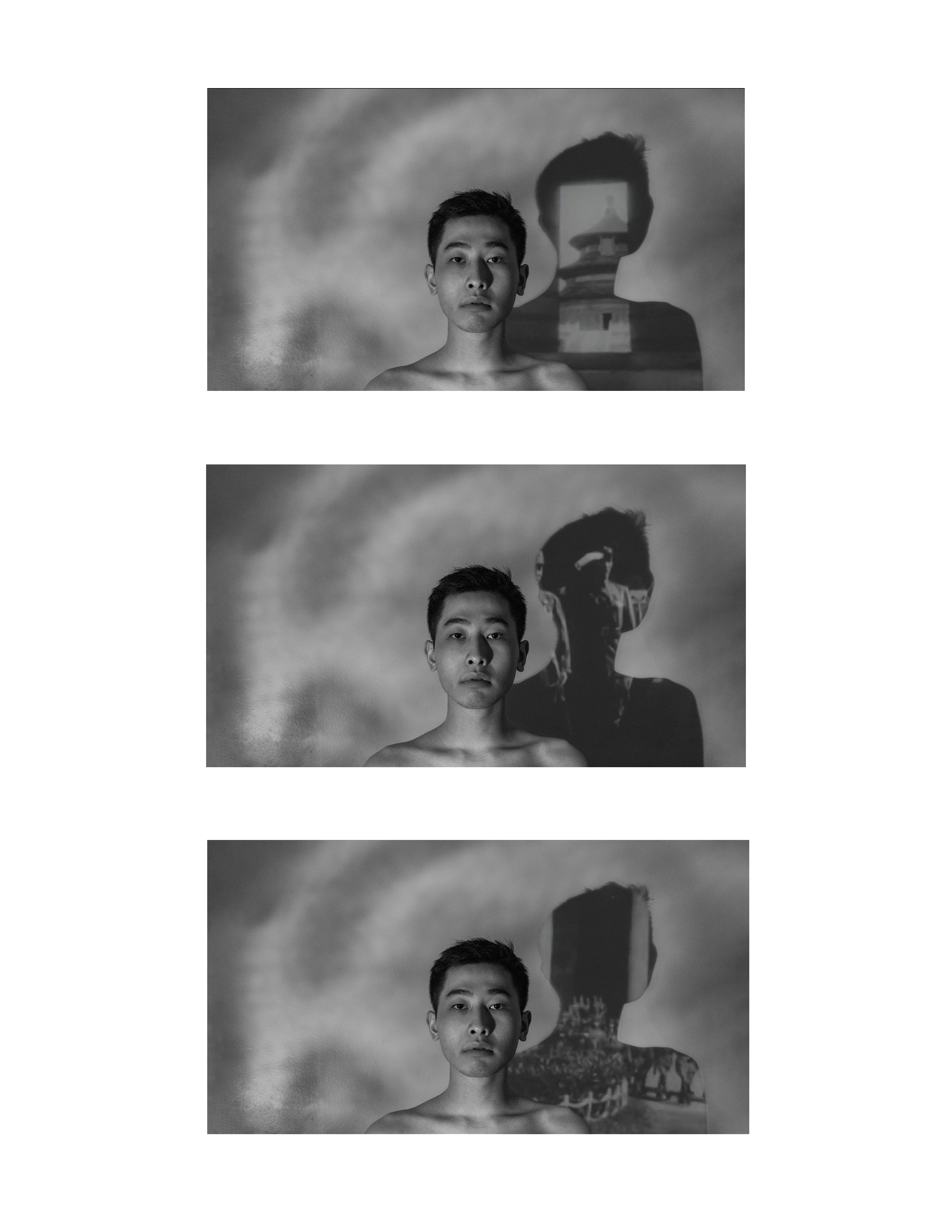  Three still captures from a black and white video with an Asian male at center and film playing in shadow of figure.