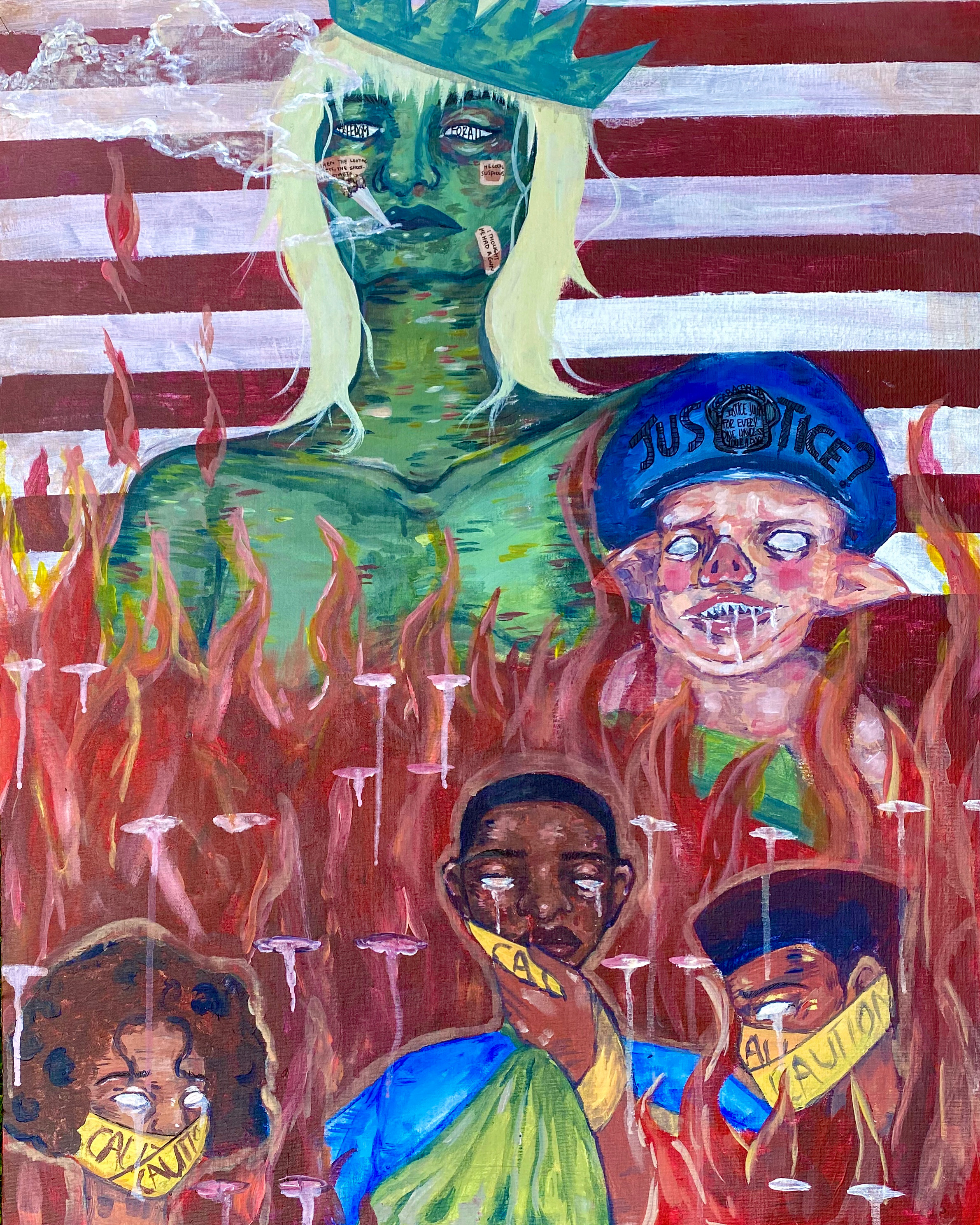 Acrylic on Canvas paint depicting three black people suffering, a cop painted to be a pig with the statue of liberty smoking.