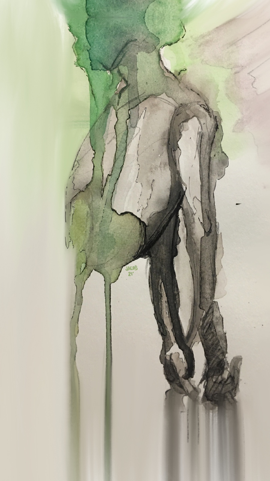 A human-like figure with a green-painted head and no legs hangs its arms behind its back