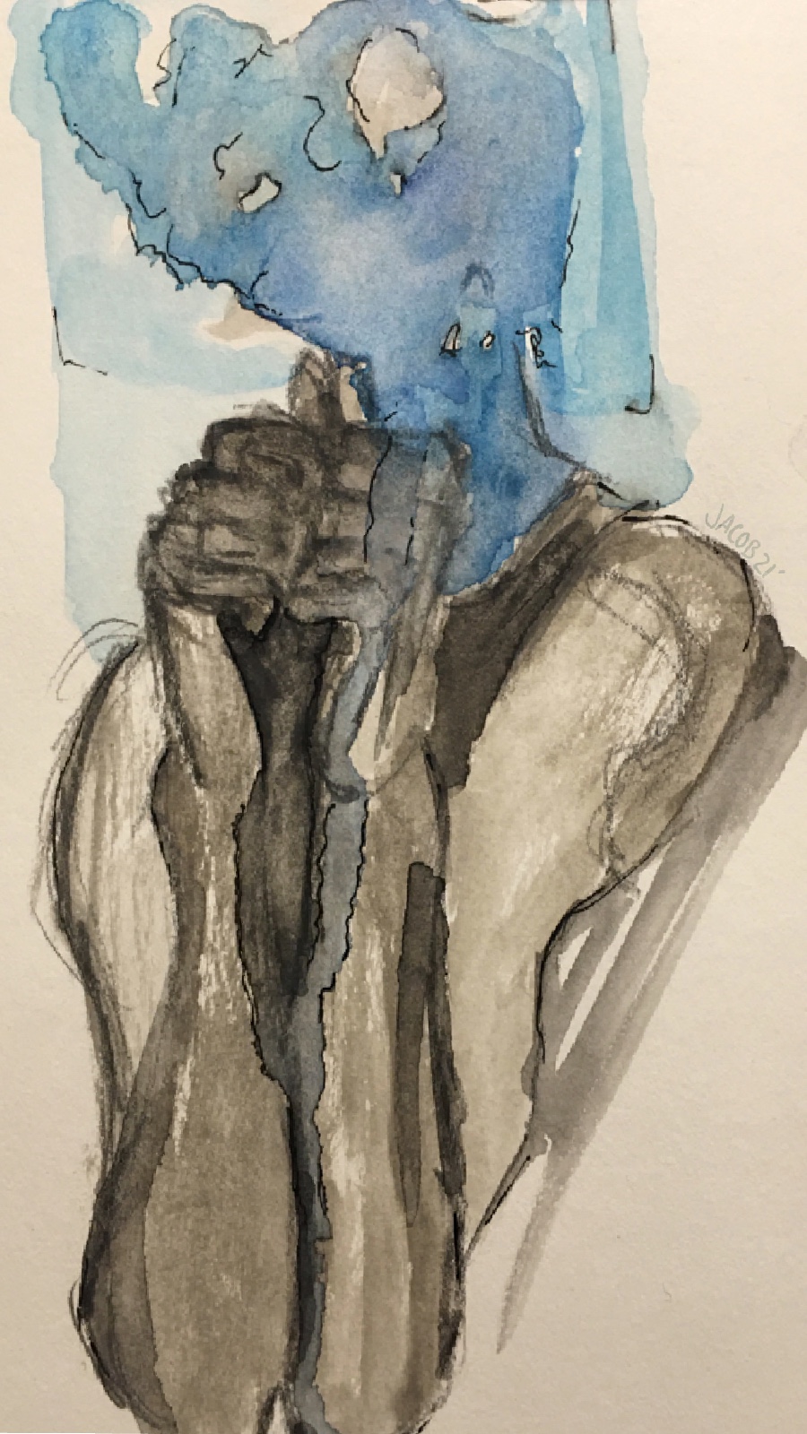 A human-like figure with a blue-painted head holds its two fists together in front of its chest