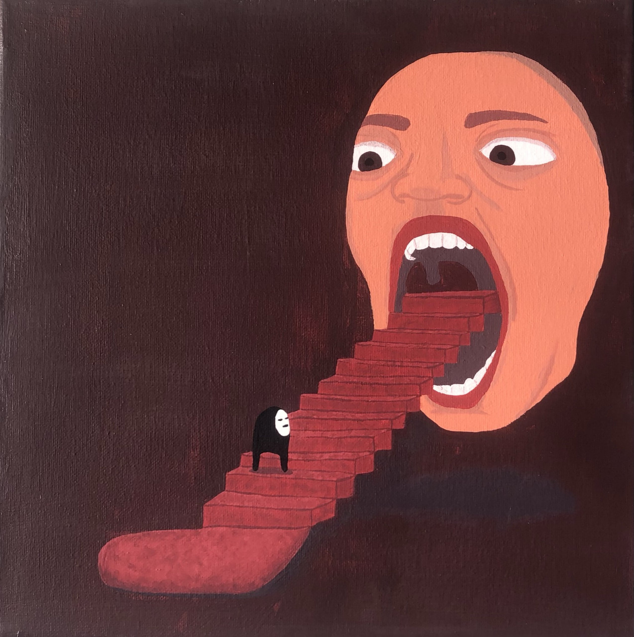 A floating head on a dark background opens its mouth to reveal a long red tongue shaped like a staircase. A small creature with a black body and white face sits on the staircase.