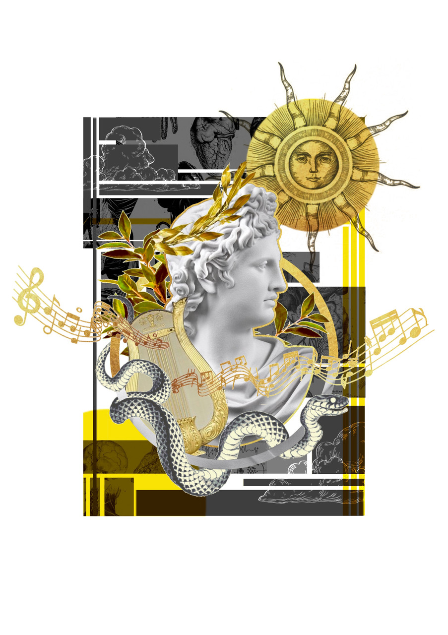 A bust of Apollo is surrounded by golden music notes, a snake, and a golden sun