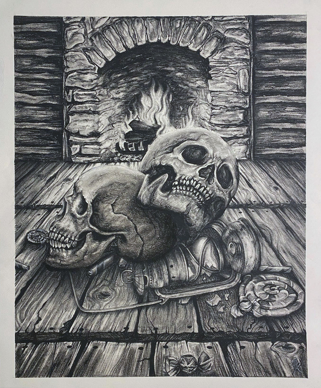 A black-and-white illustration of two skulls resting on top of a broken lamp on the floor, in front of a fireplace and pieces of candy