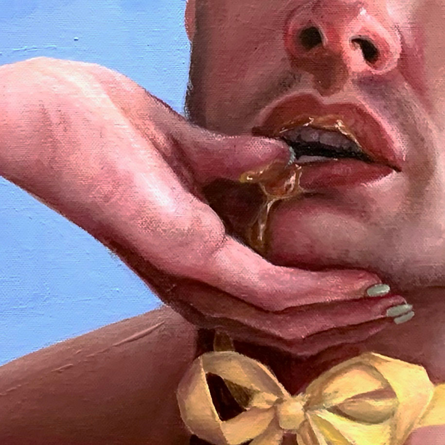 A close-up view of the painting. The woman's hand cradles the man's chin; her thumb is in his mouth, dripping with golden liquid.