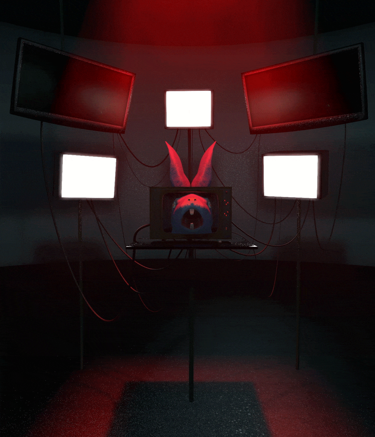 A cartoon rabbit head sits on a platform behind a TV screen, in a dark room illuminated by the bright white light of three higher screens