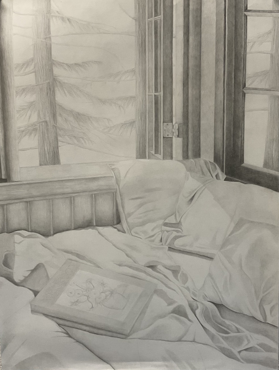 A grayscale drawing of a bedroom; the bed is unmade and a picture of a flower pot sits on top; the window is open to reveal a tree.