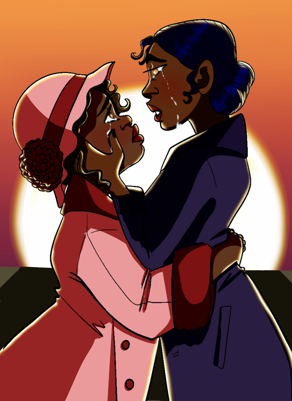 A tall dark-skinned woman in a blue coat cries and holds the face of a shorter dark-skinned woman in a pink coat and hat who is also crying