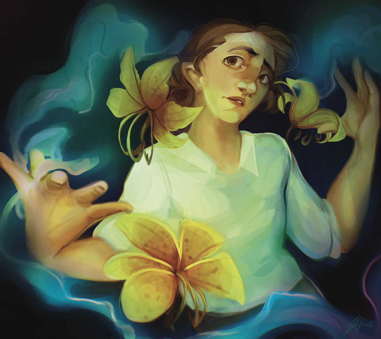 Blue-green smoky light and yellow flowers float around a person with arms outstretched