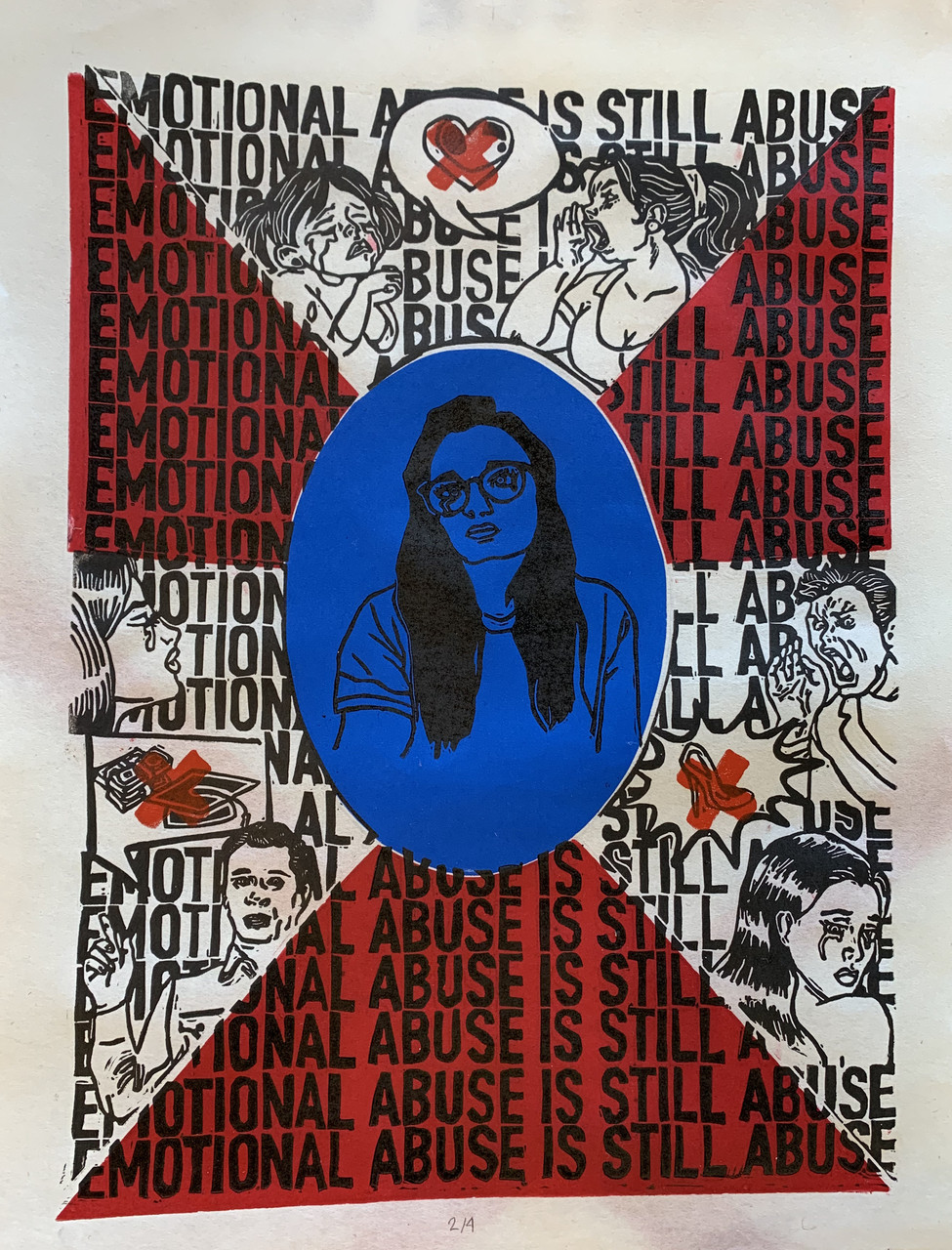 A crying girl on a blue background is surrounded by the words "emotional abuse is still abuse" and three illustrations of emotional abuse
