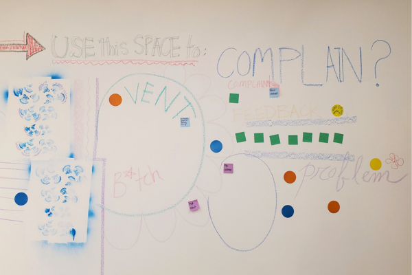 Written in colored chalk on a white wall, the headline states "Use this space to complain". Under this headline are shapes drawn in chalk and multicolored sticky notes.