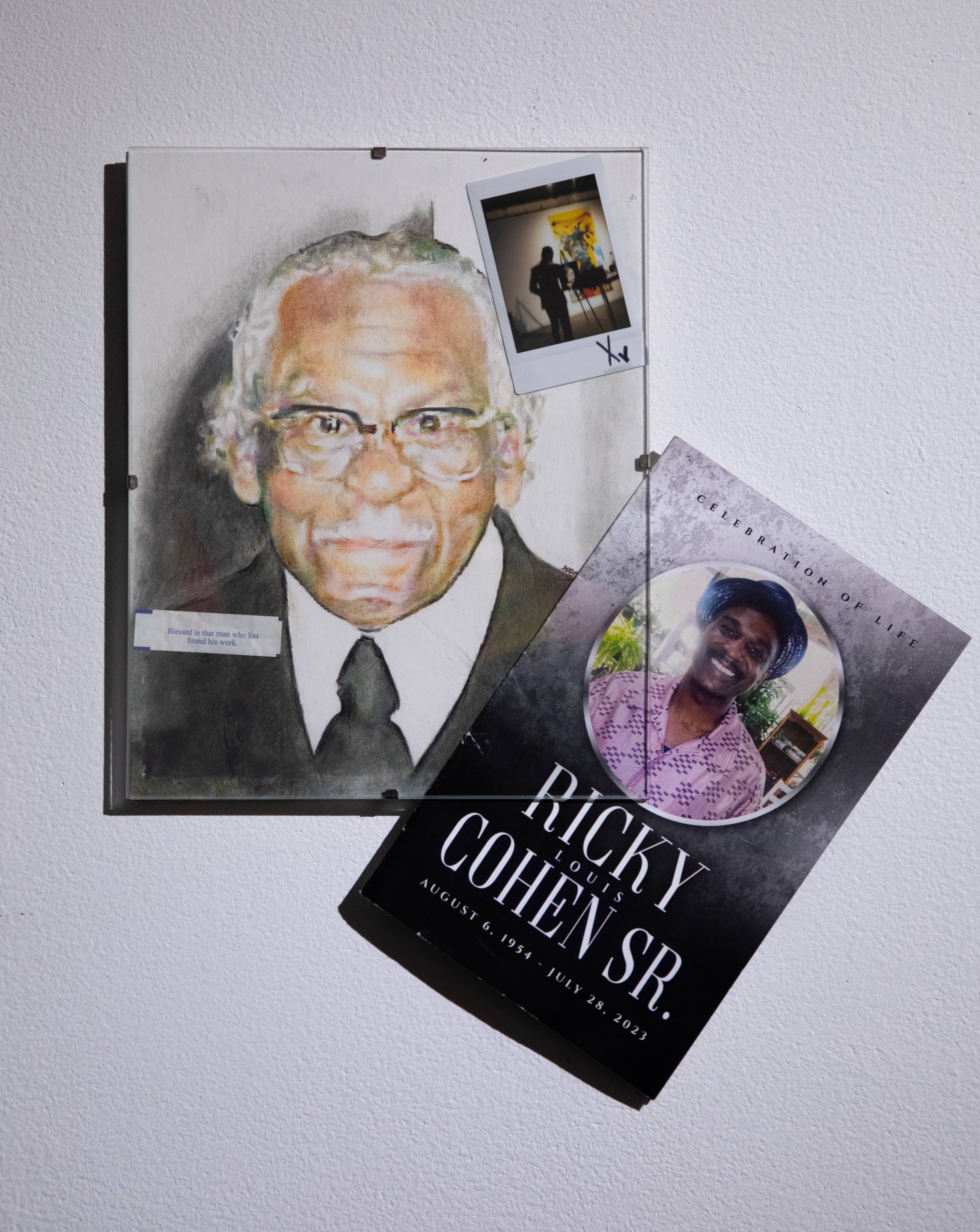 Multimedia piece of a drawing of Arris' J. Cohen's Grandfather, a polaroid, and an obituary pamphlet