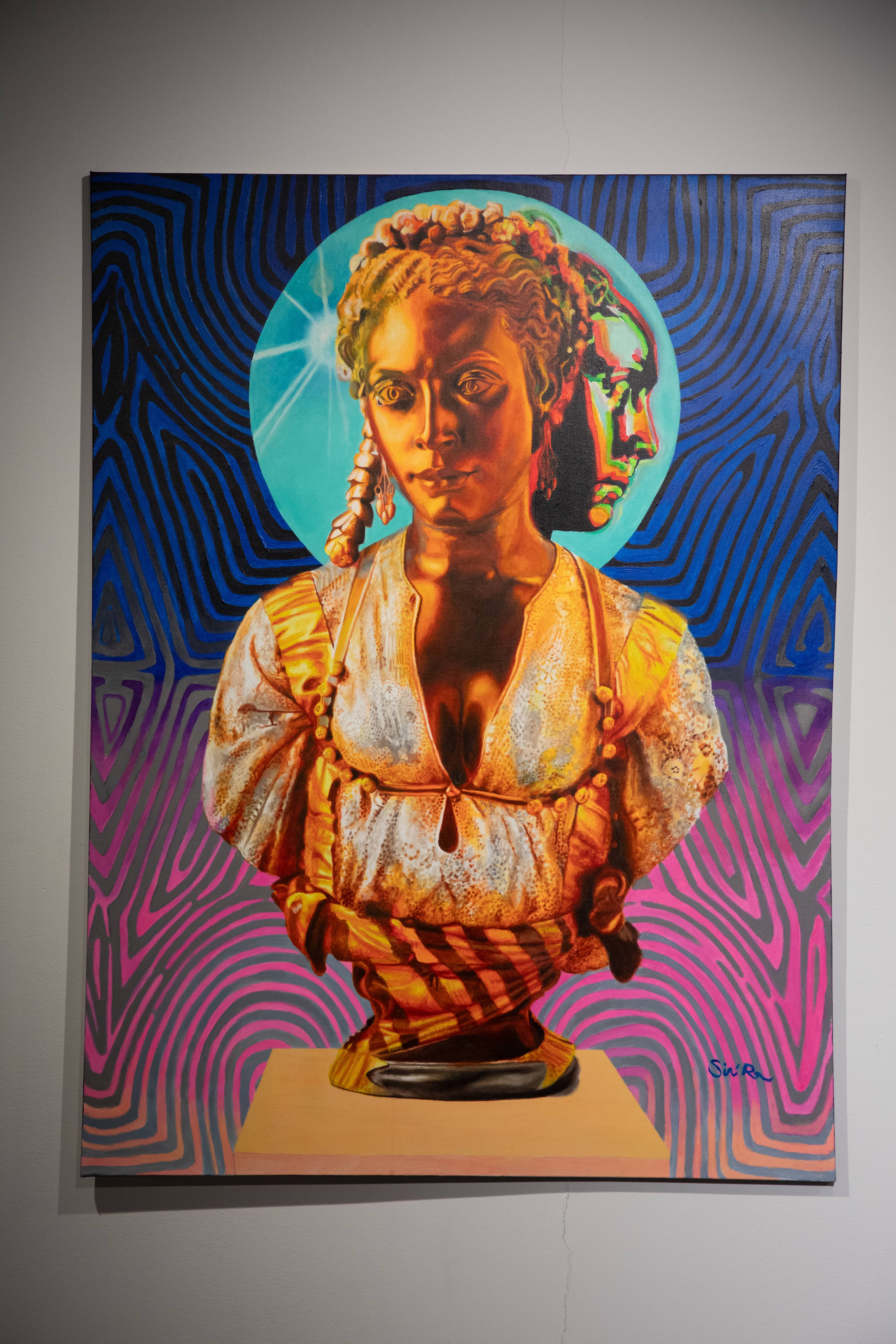 painting of a bronzed women statue with a blue halo around her head surrounded by swirling colorful lines