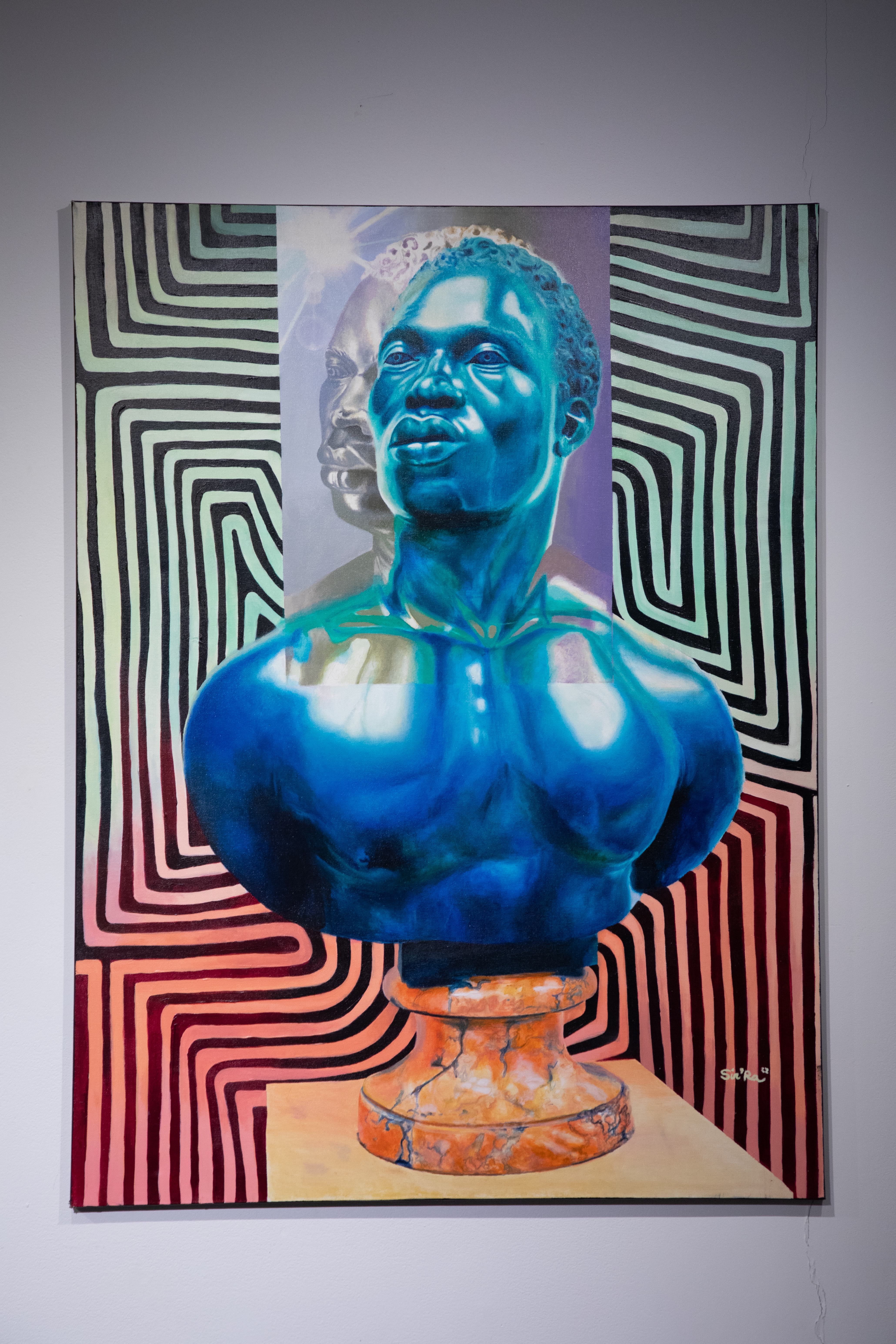 Painting of a bronzed man with his shadow behind him surrounded by colorful swirling lines