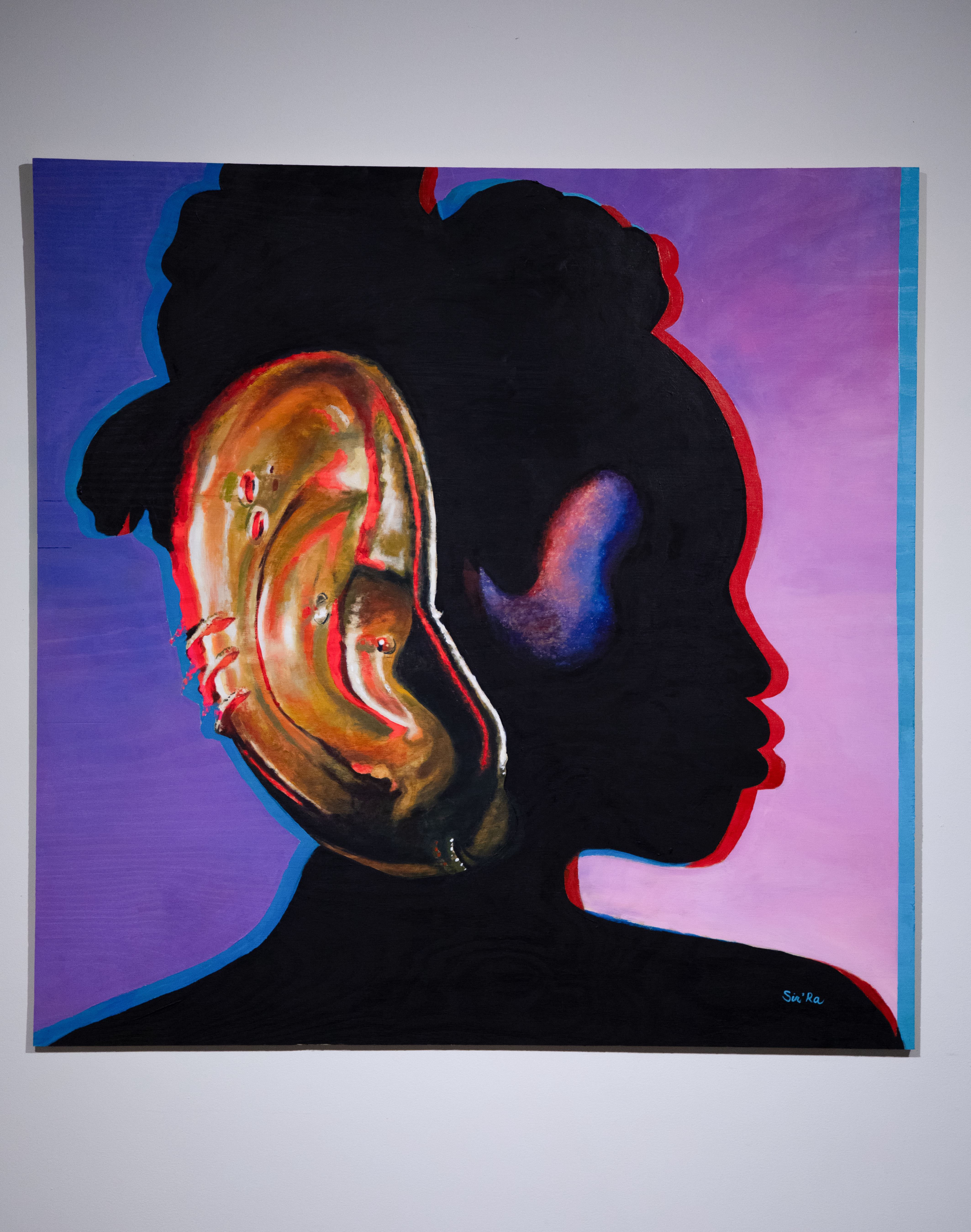 painting of the side profile of a woman with a focus on her large gold ear