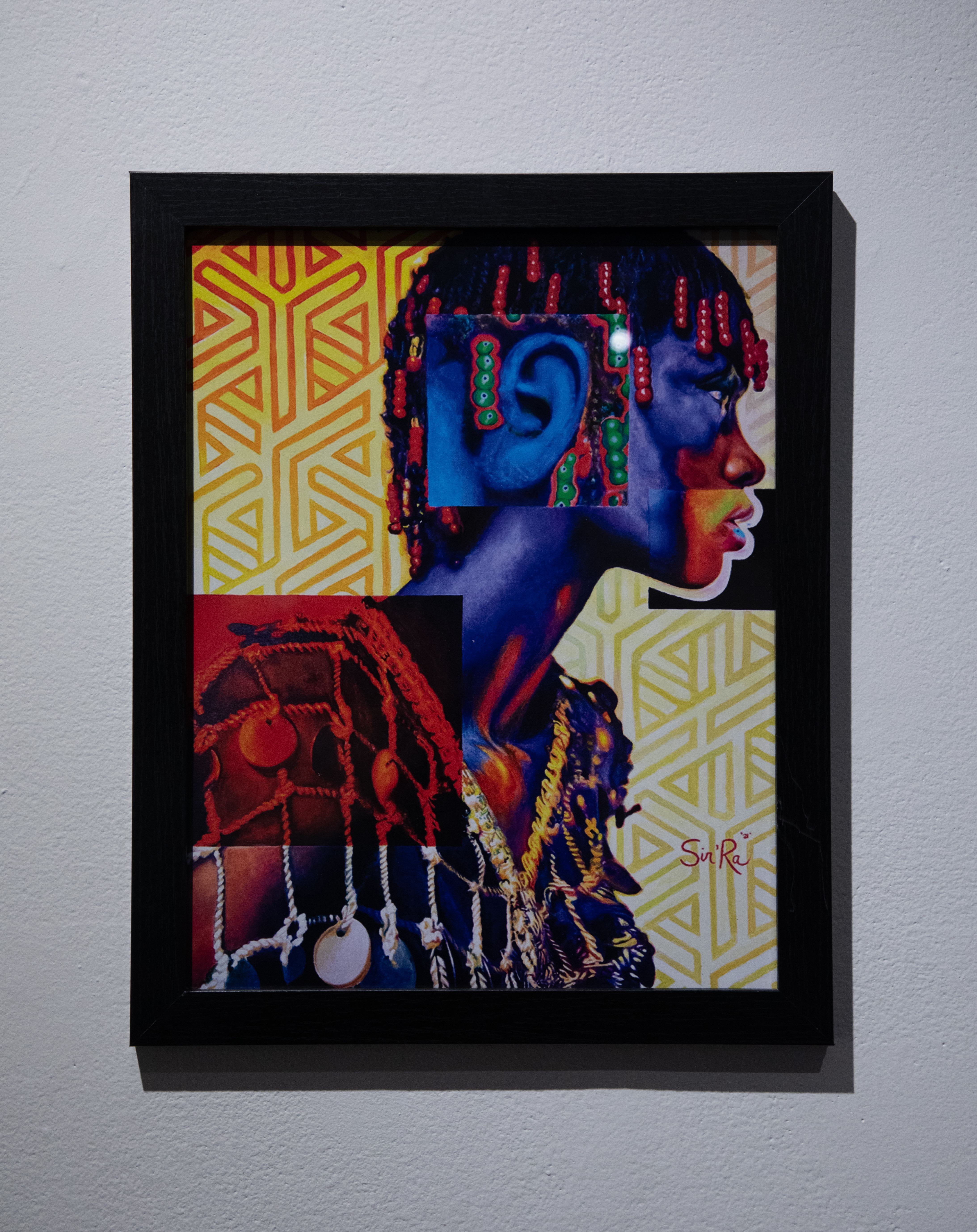 Painting of a women with cutout boxes focusing on the ears, beading, and her netted top