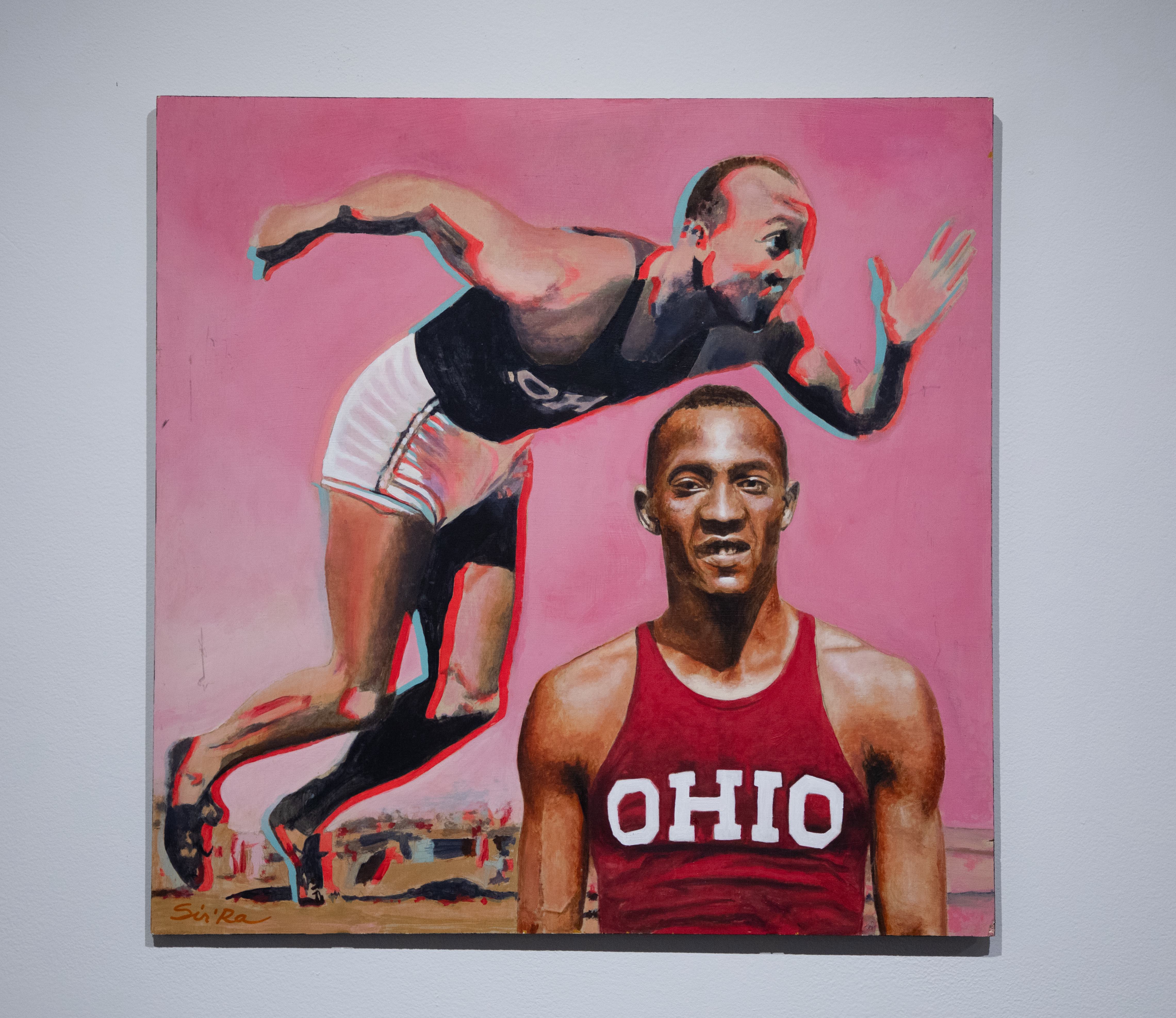 Two different painted images of an Ohio State track star. One image his him smiling towards the viewer and behind him he can be seen running