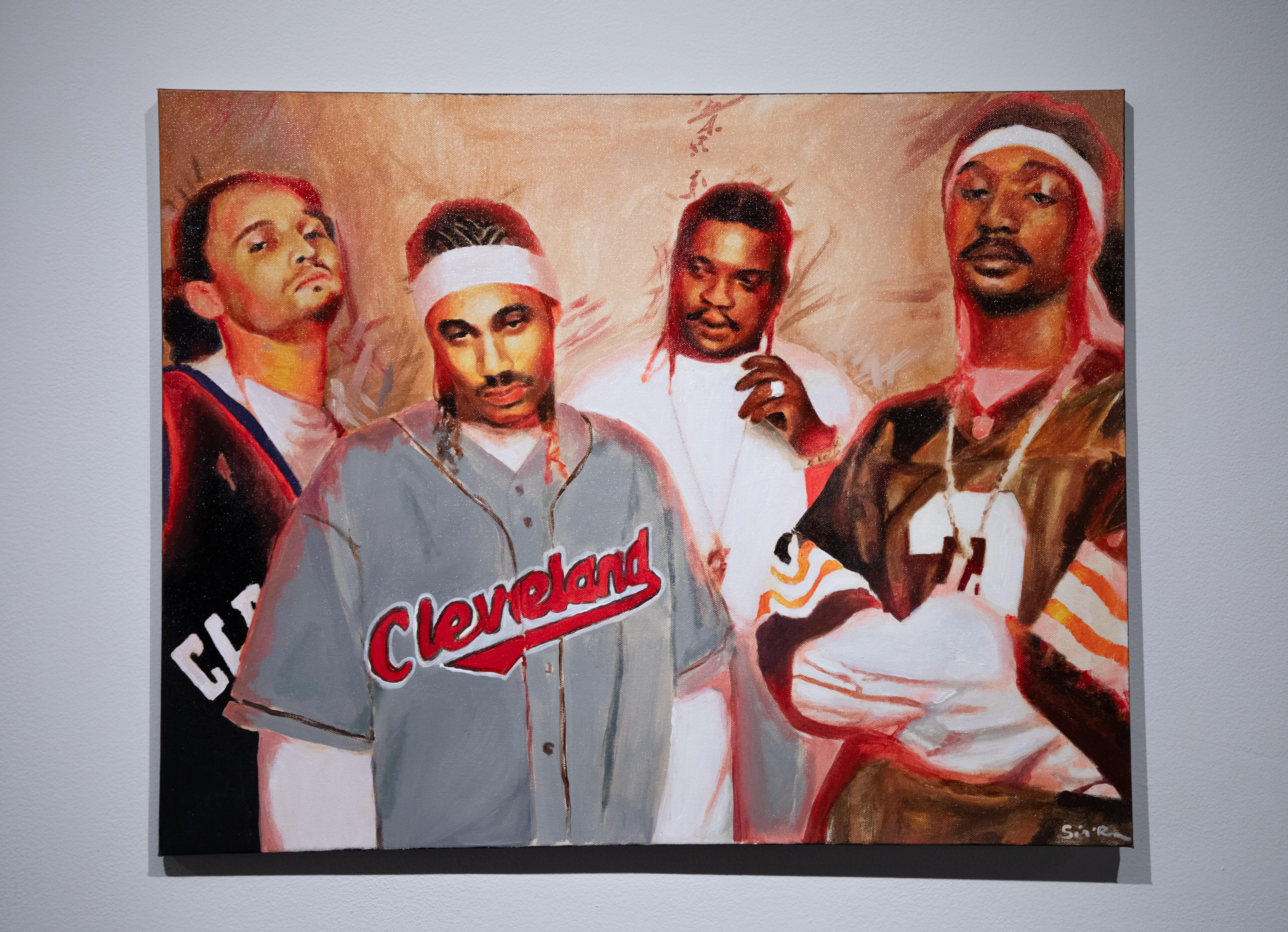 Painting of four different men each with different Ohio sports team jerseys on