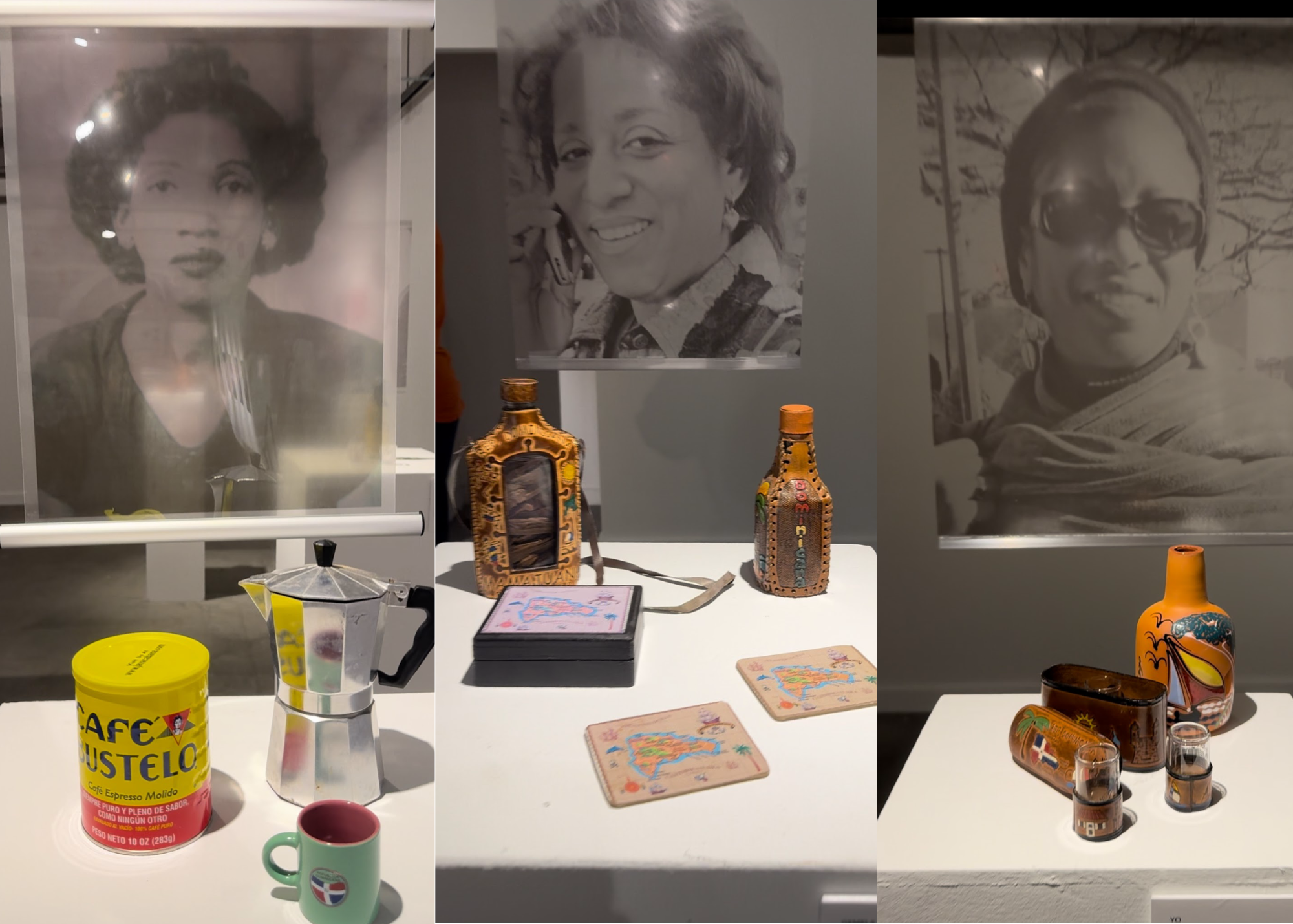 Three pictures of women with artifacts in front of them like a coffee can