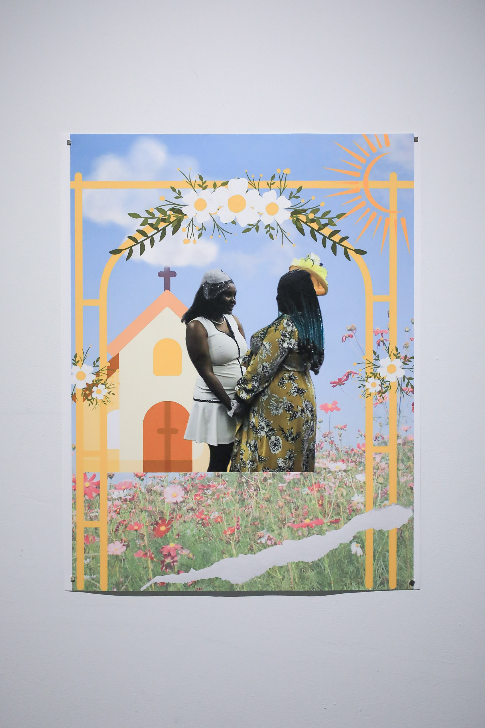 A collaged photo of two black women with wedding imagery collaged on top of a grassy field. The woman on the left is wearing a white outfit and a wedding veil, the woman on the right is wearing a yellow-green floral dress.