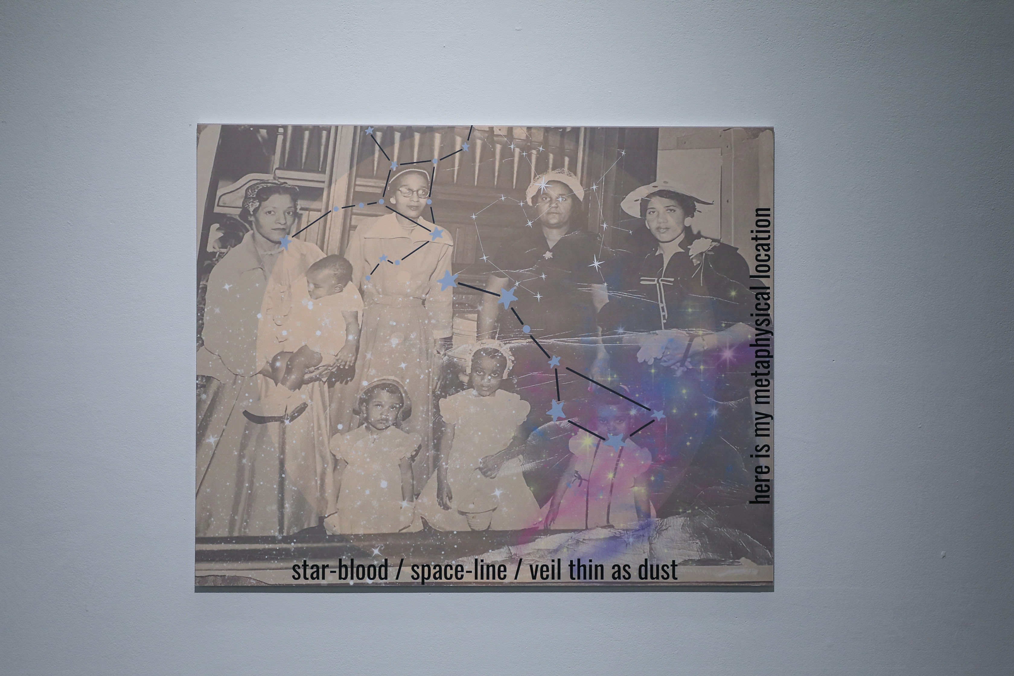 A vintage photo of different black women. The constellation of Big Dipper and Hercules are imposed over the image with a faint picture of the Moon in the background. The text says, “star-blood/space-line/veil thin as dust” and “here is my metaphysical location”