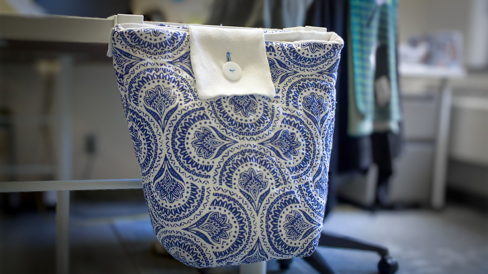 A cloth pouch in blue and white