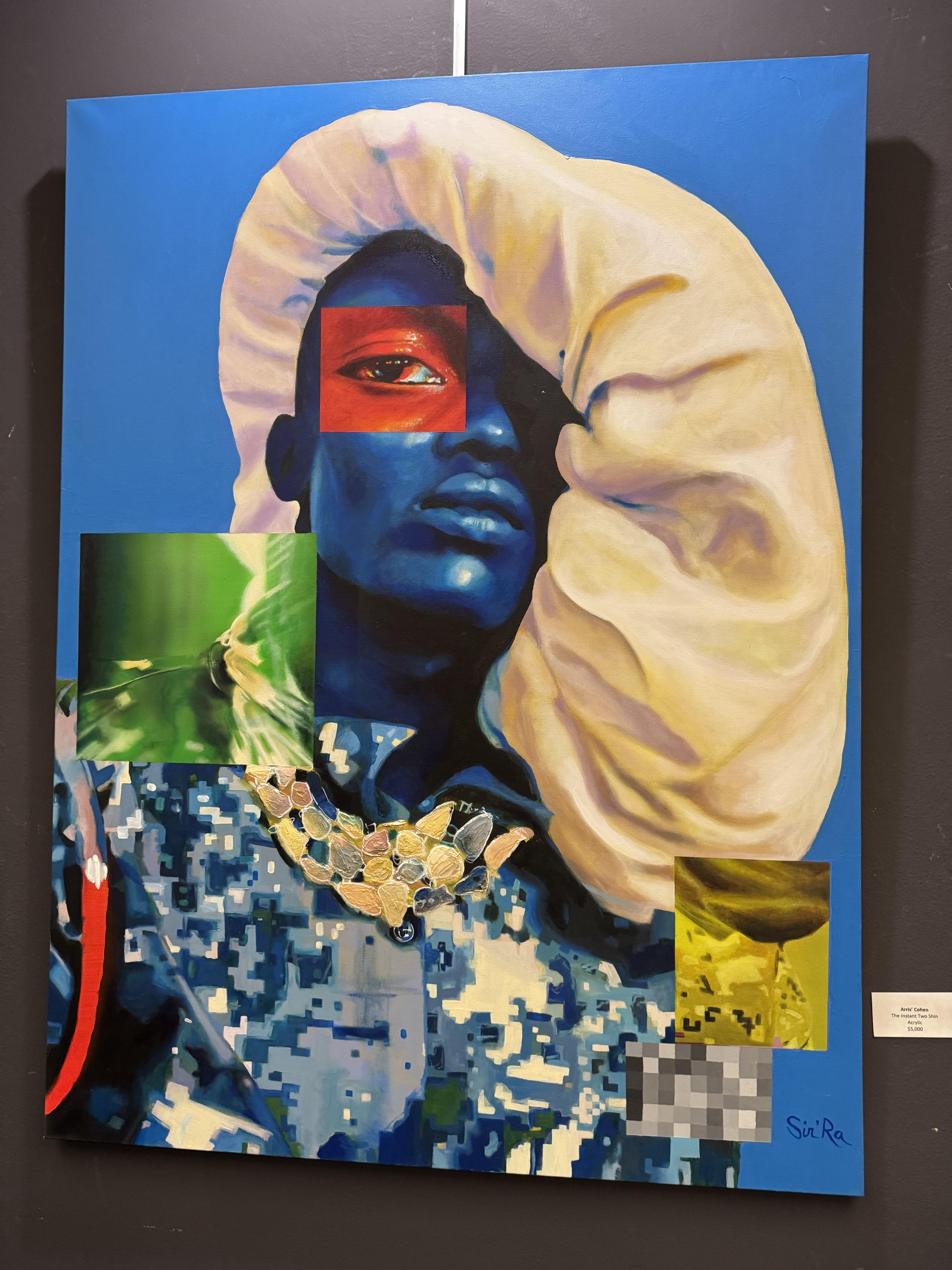 Painting of a blue-skinned person with splotches of red and green, wearing a white head covering. 