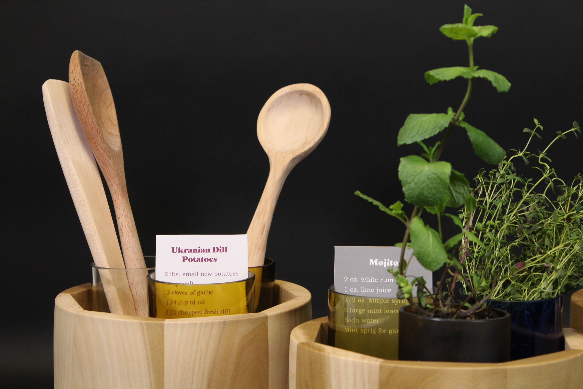 recipe rotaries filled with kitchen utensils and plants