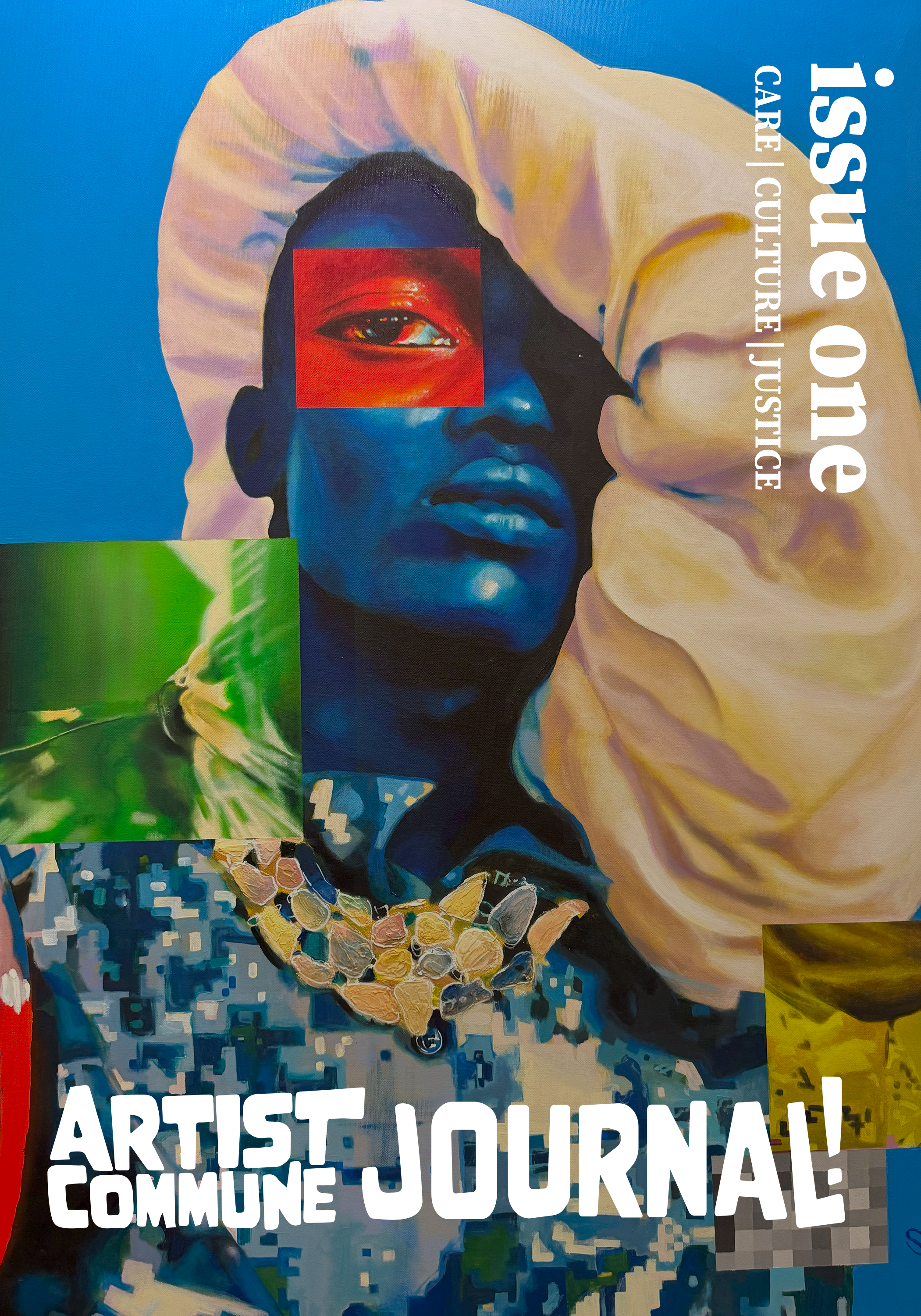 painting of a person with blue skin and a cream-colored bonnet; text: artist commune journal issue one care culture justice