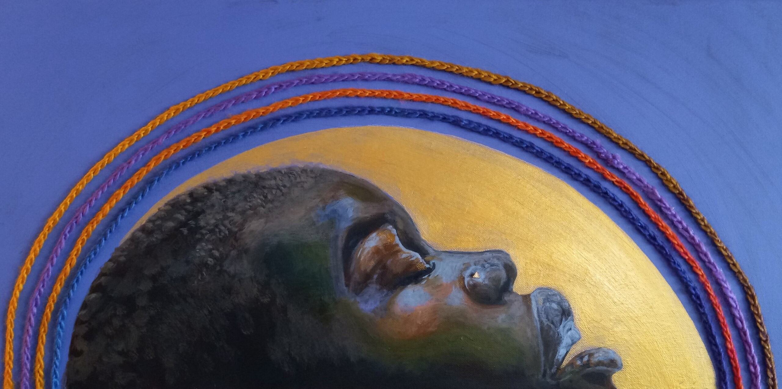 A woman of color painted in front of a purple background and yellow sun, featuring blonde, purple, orange, and blue braids surrounding the sun