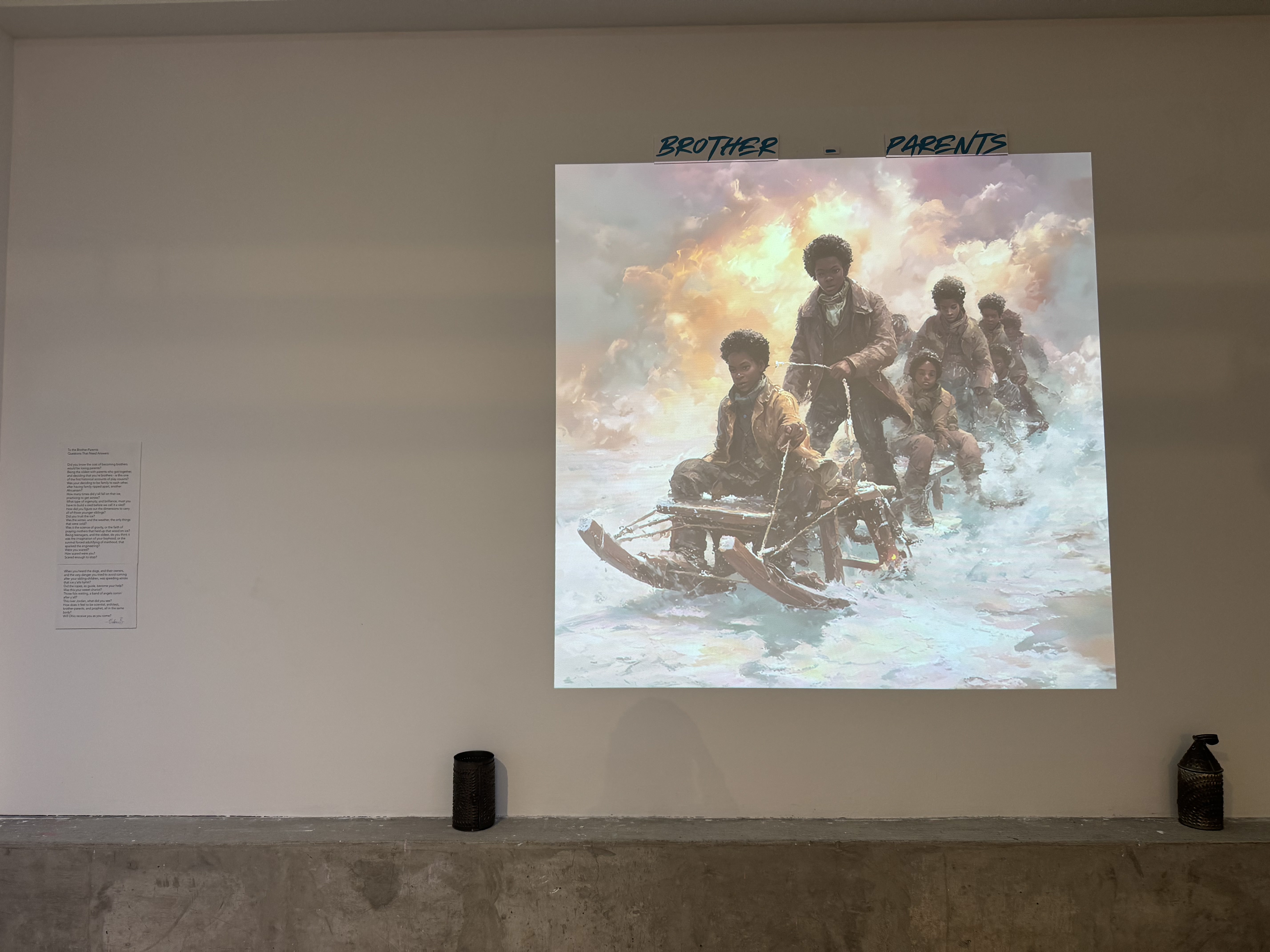 poem next to a projection of people crossing the ohio river