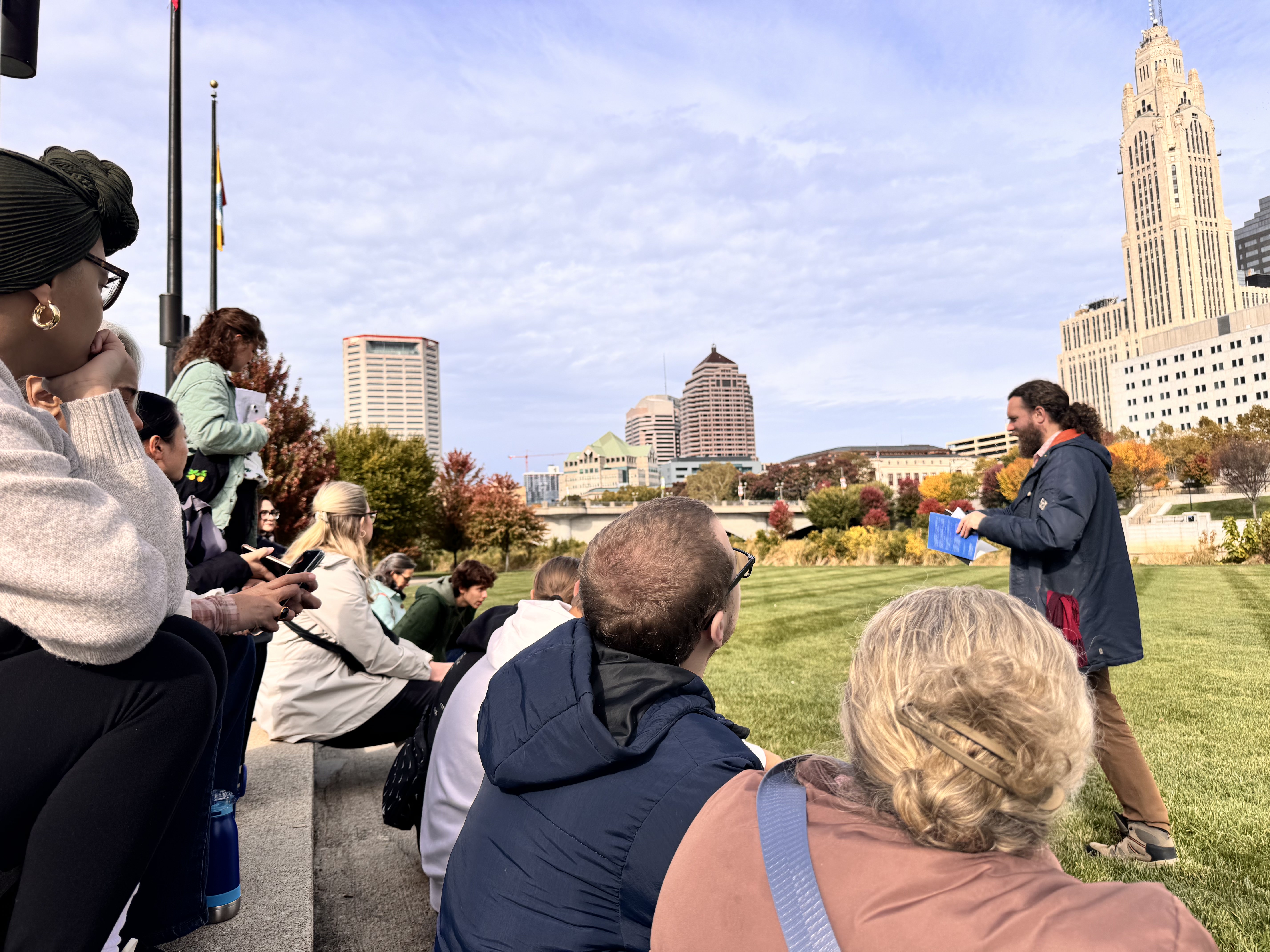 richard talking to a crowd in downtown Columbus at the poetry walk