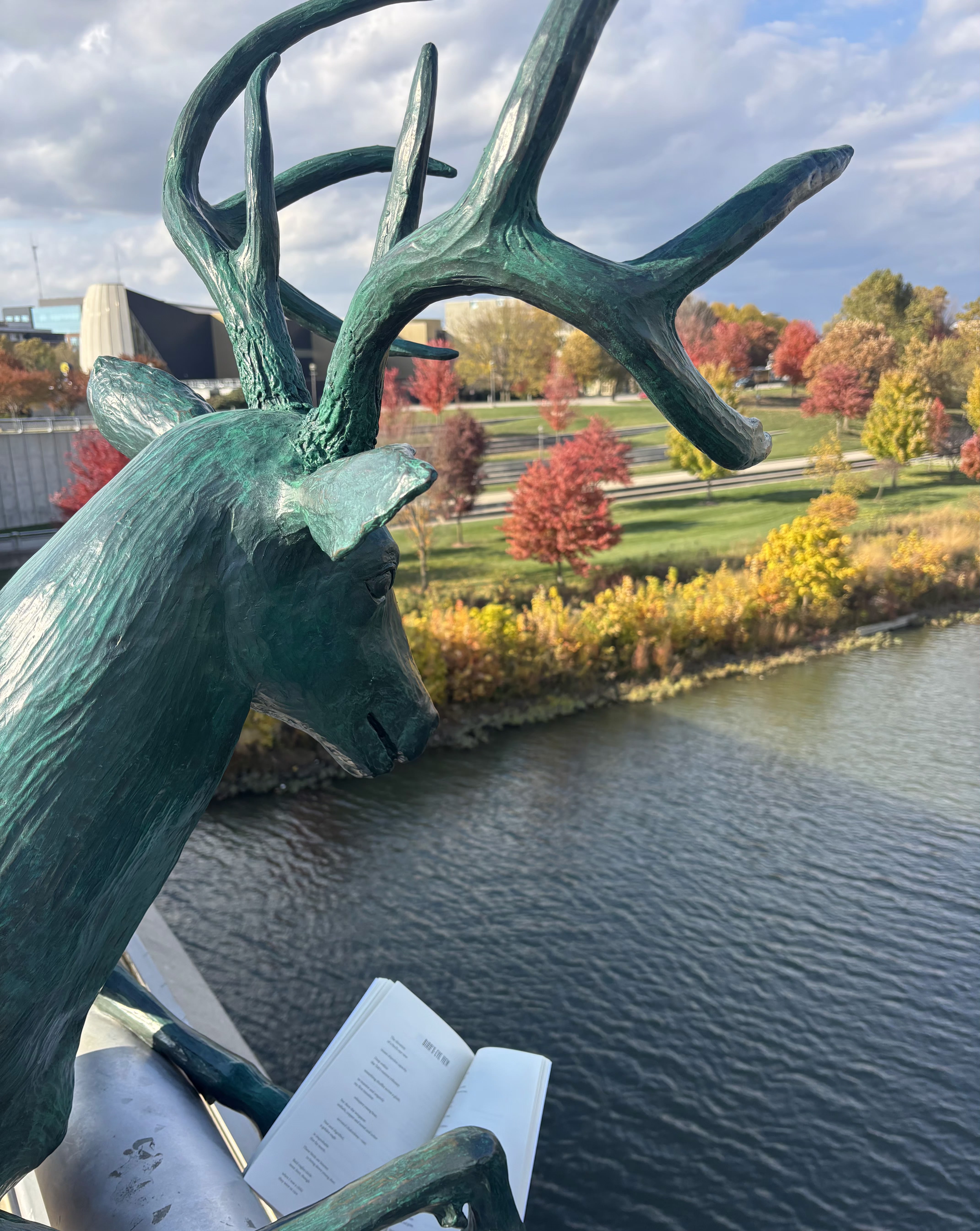 deer statue overlooking the scioto river and reading a copy of laura's book