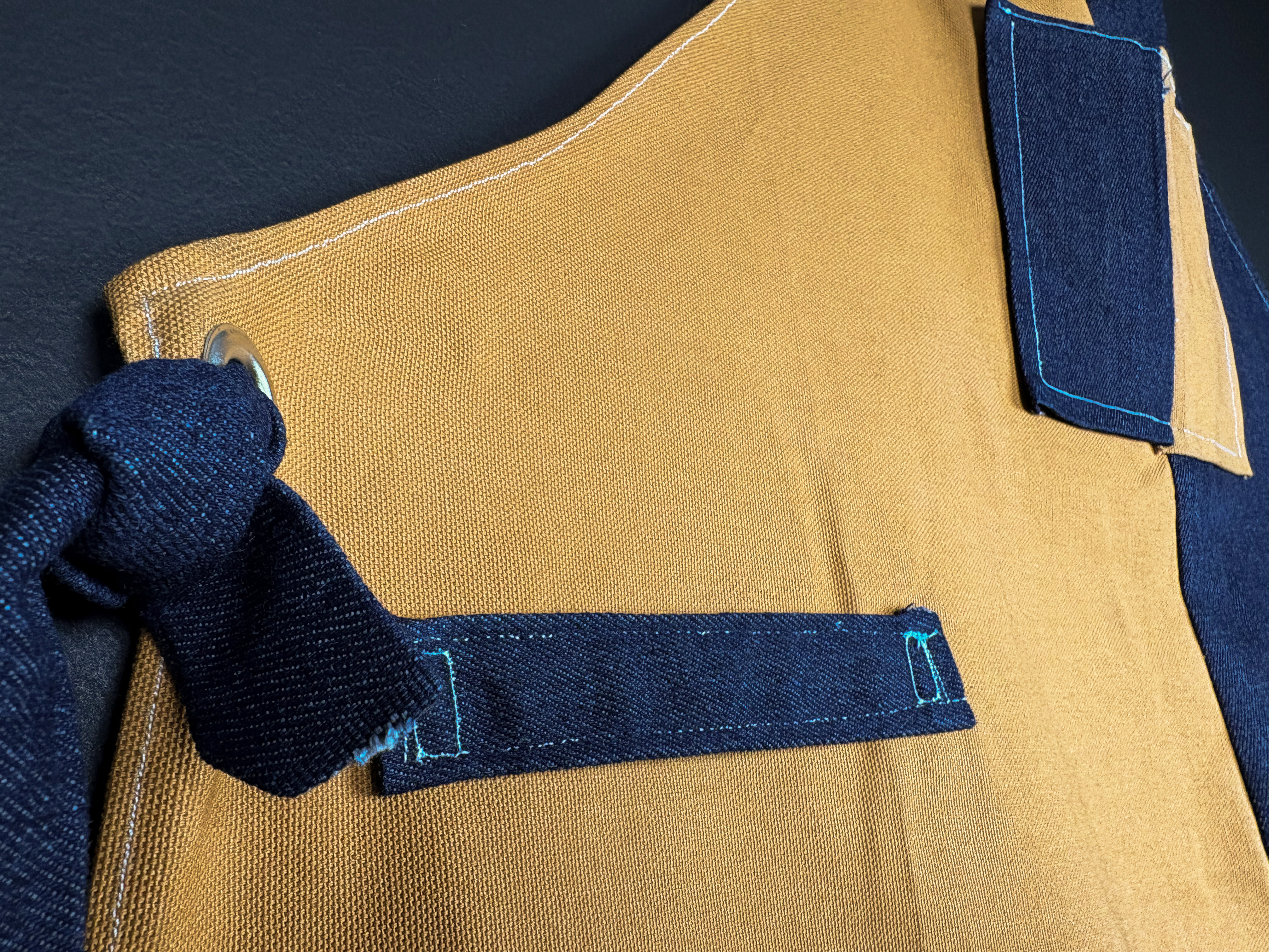 close up of yellow and blue aprin