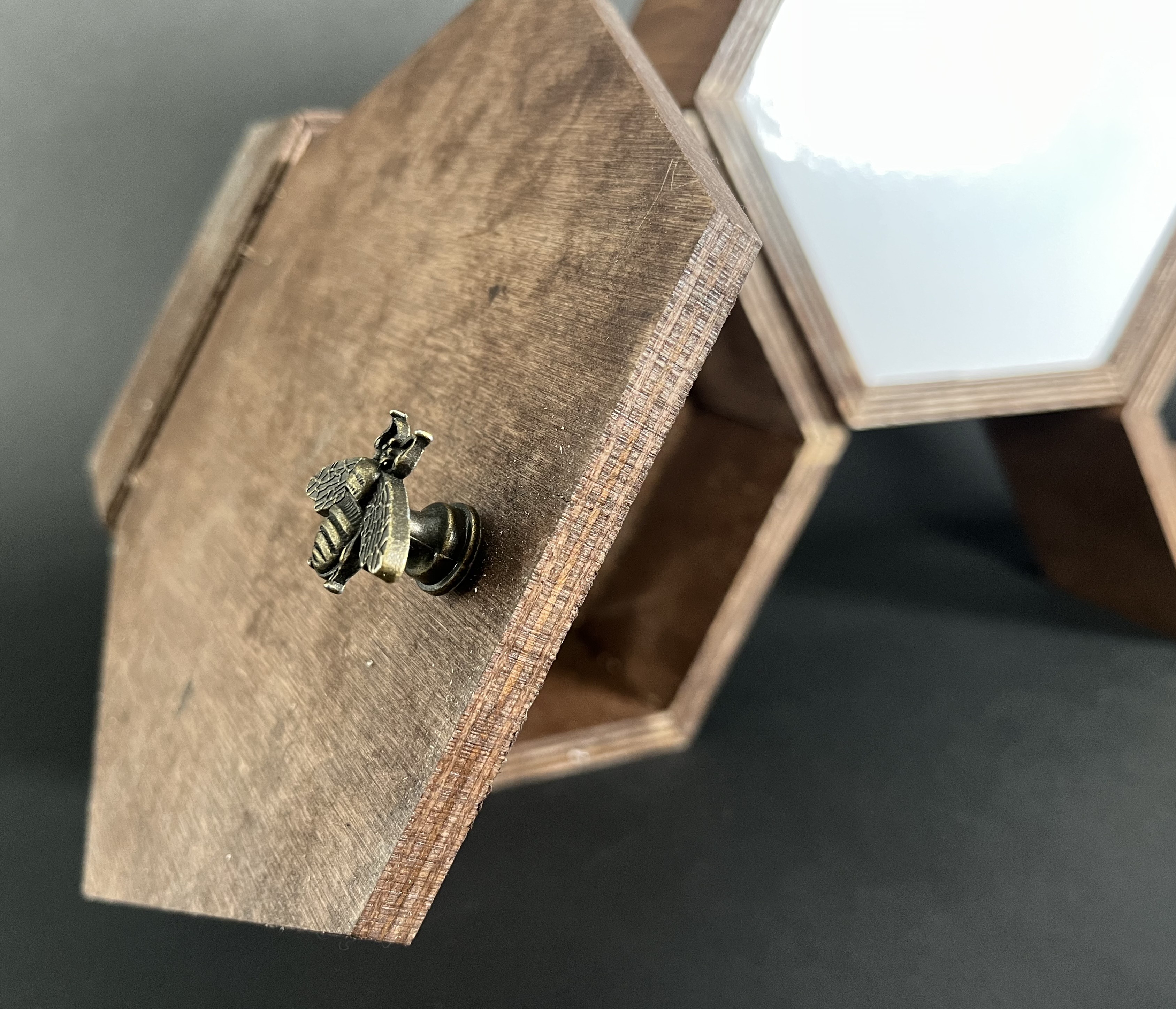 close up of hexagonal small wooden cabinet door with a bee knob
