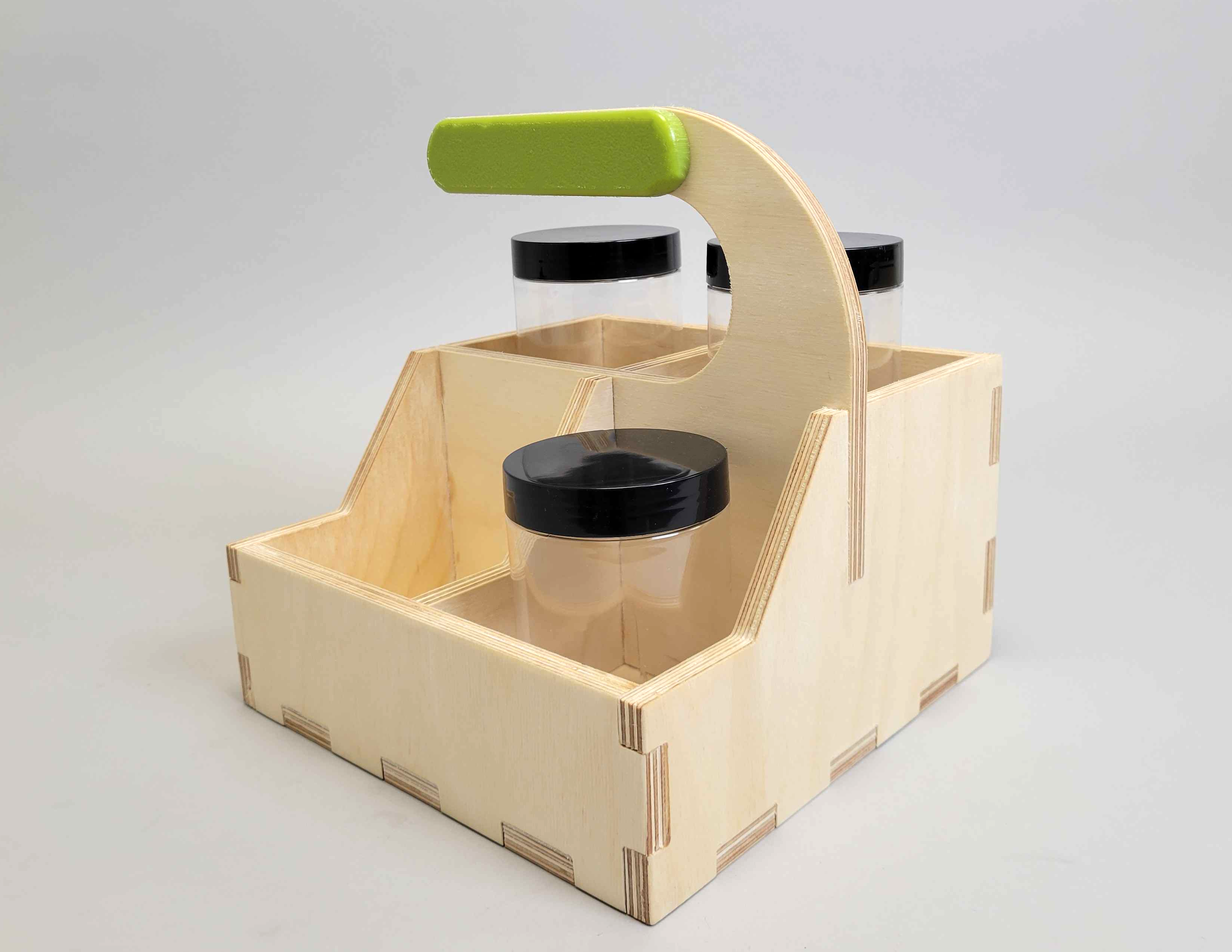 wooden caddy with jars for laundry supplies