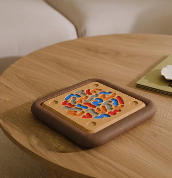 a square wooden board with colorful squiggly lines on it