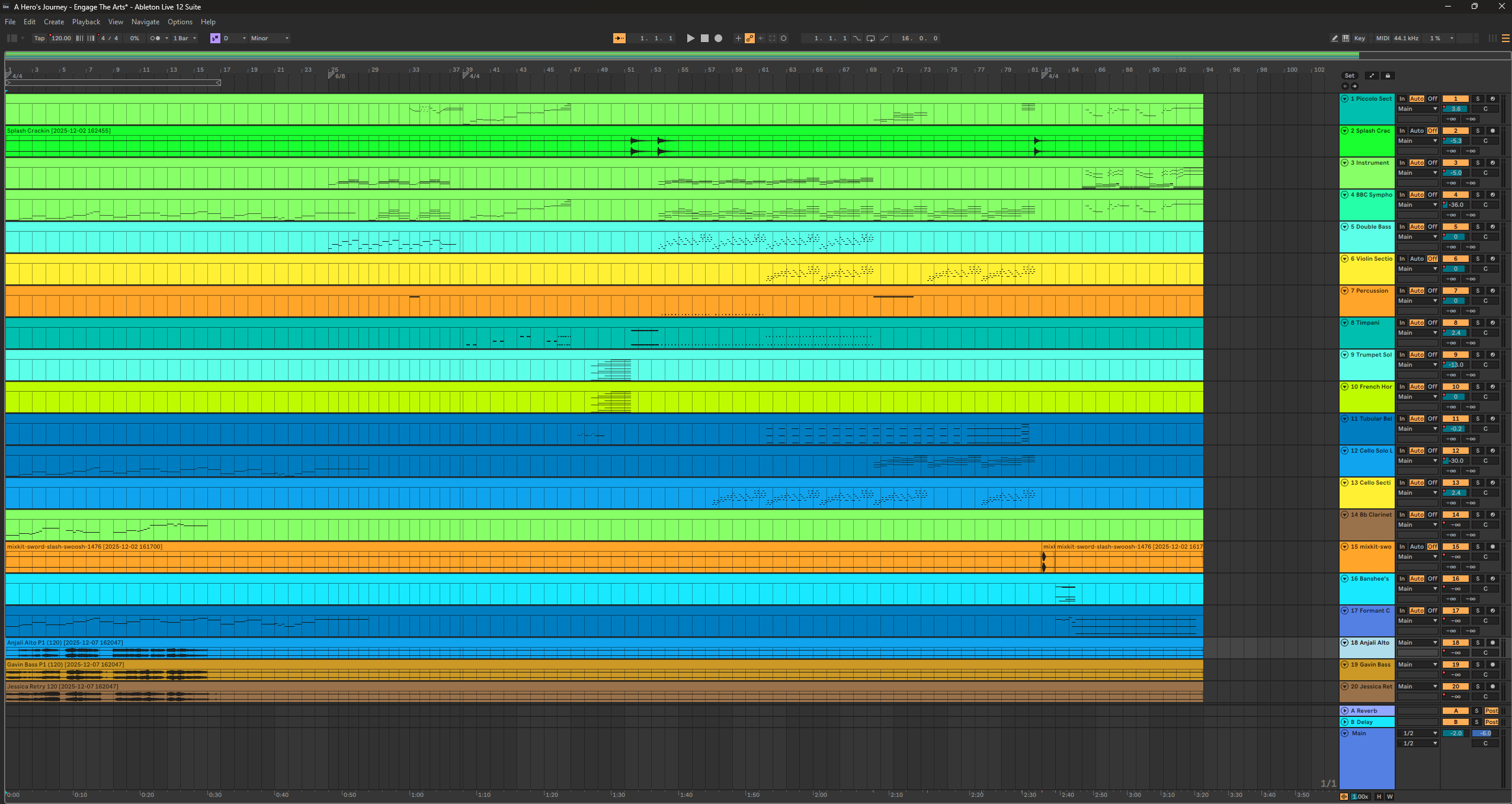 A screenshot of an Ableton Live 12 DAW session titled "A Hero's Journey." The arrangement view shows twenty tracks of colorful MIDI and audio clips, including orchestral instruments like Piccolo, Timpani, and Cello, as well as vocal tracks and sound effects.