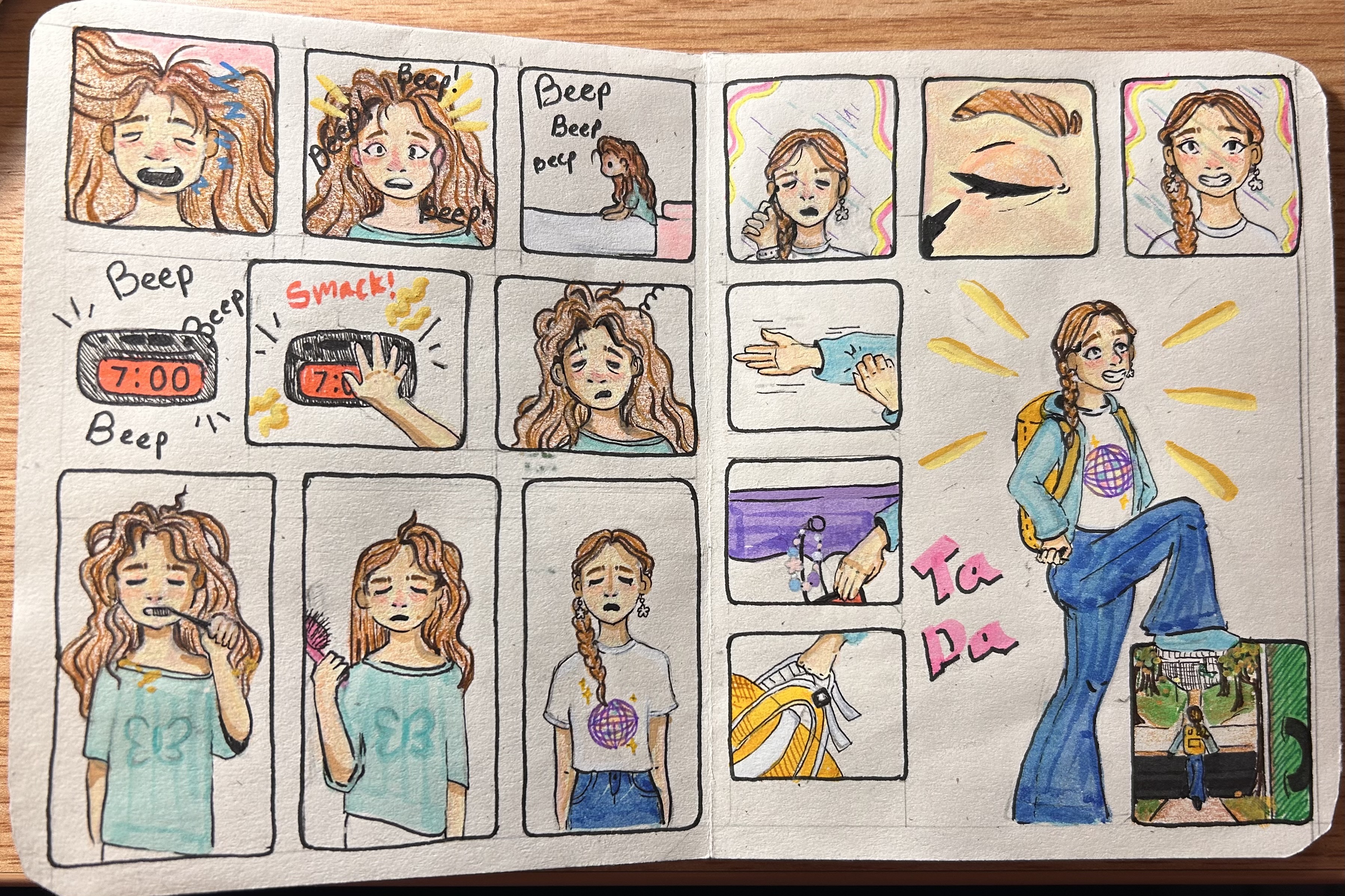 A two-page colorful comic titled "Chapter 1: Morning," depicting a young woman's morning routine of waking up to an alarm, getting ready, and heading out.