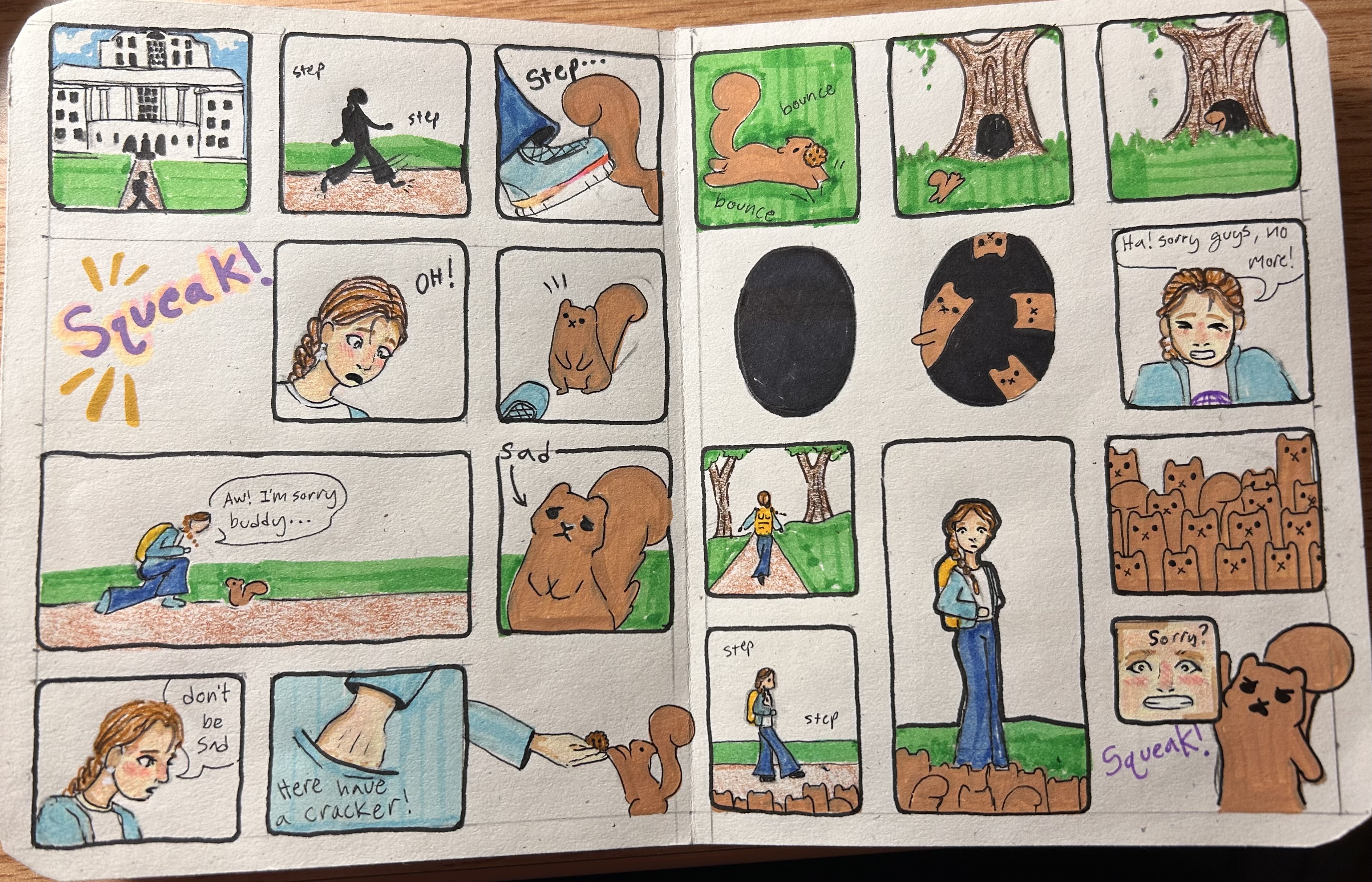 An open notebook shows a multi-panel comic strip across two pages. On the left page, a girl accidentally steps on a squirrel's tail while walking toward a large white building. She feels bad and gives the squirrel a cracker, telling it "don't be sad". On the right page, she continues her walk but is suddenly surrounded by a large, angry-looking mob of squirrels squeaking at her for more food.